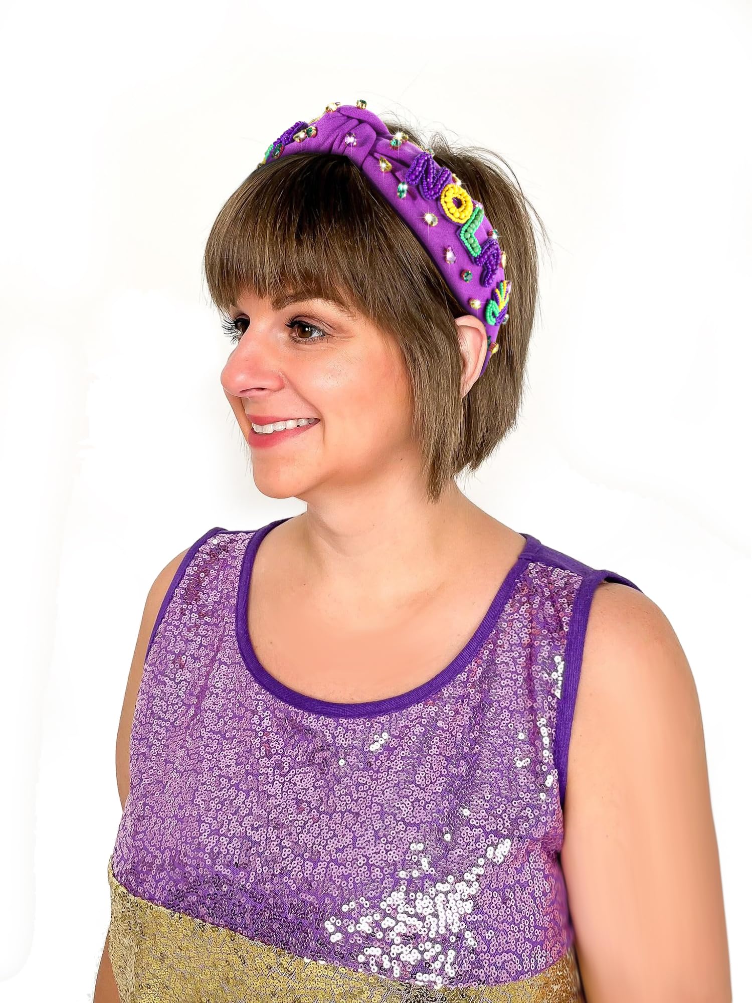 NVENF Mardi Gras Headbands for Women Crown Mask Headband Green Purple Yellow Rhinestone Jeweled Knotted Headband Mardi Gras Accessories Carnival Oufits Party Favors Gift (NOLA Purple)