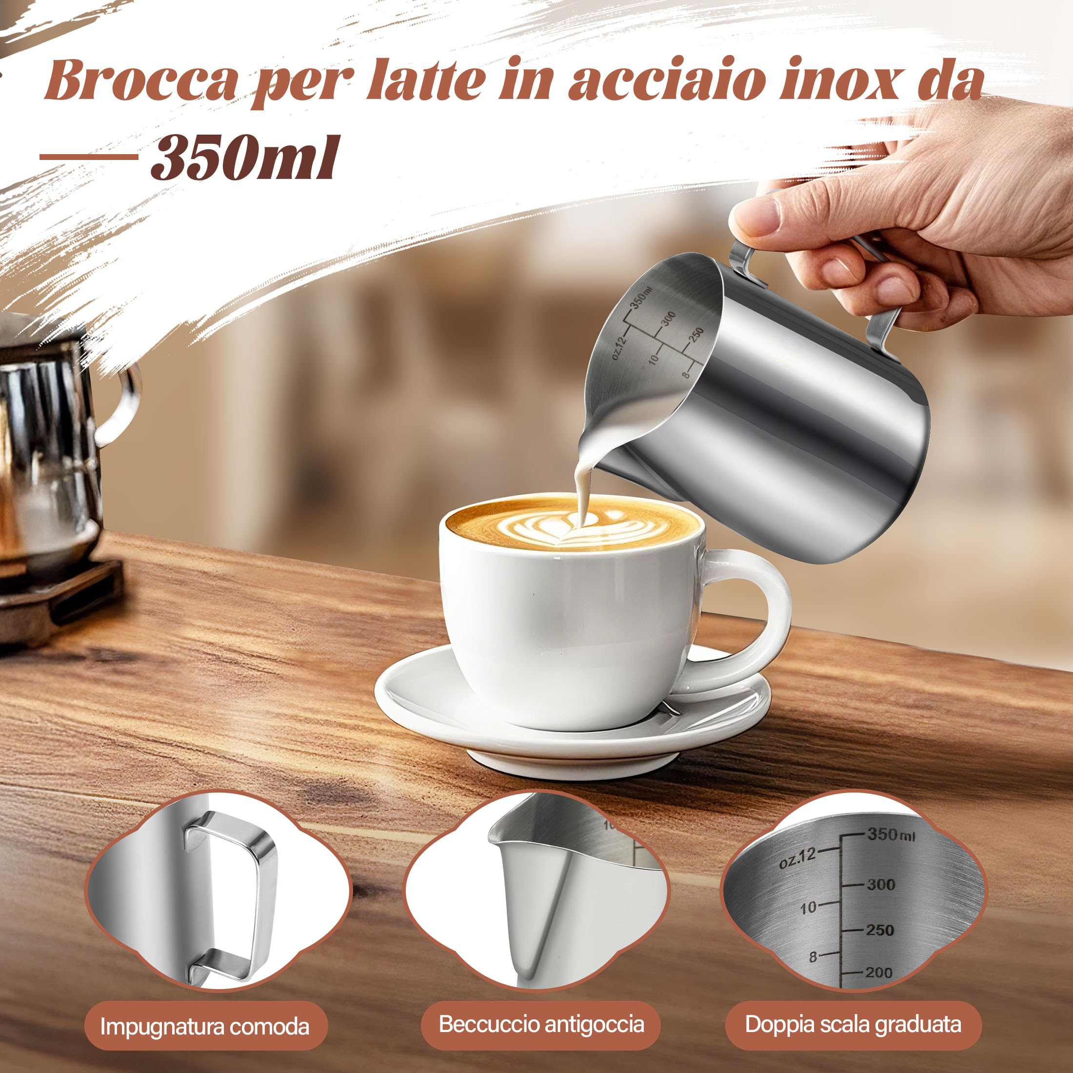 Dzbanek na mleko, 350 ml, ze stali nierdzewnej, z miarką, akcesoria barista, dzbanek na mleko do cappuccino, espresso, Latte Art, miłośników kawy, srebrny, 350 ml