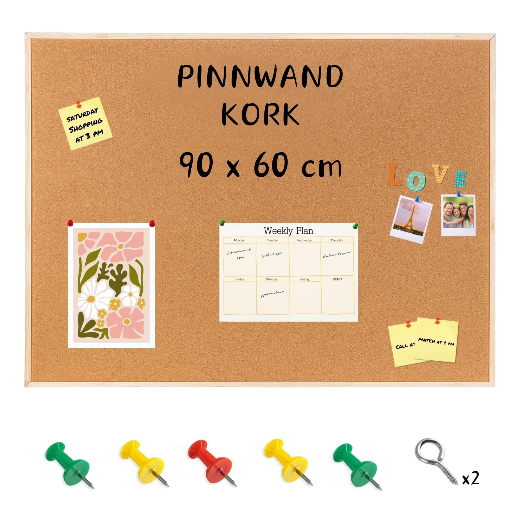 Creative Home 90x60 cm (+-2 cm) Große Pinnwand Kork | inkl. 5 Pinwandnadeln | Korkwand Korktafel Holzrahmen Memoboard | Hergestellt in der EU | Ideal für Büro, Schule, Schlafzimmer und Heim