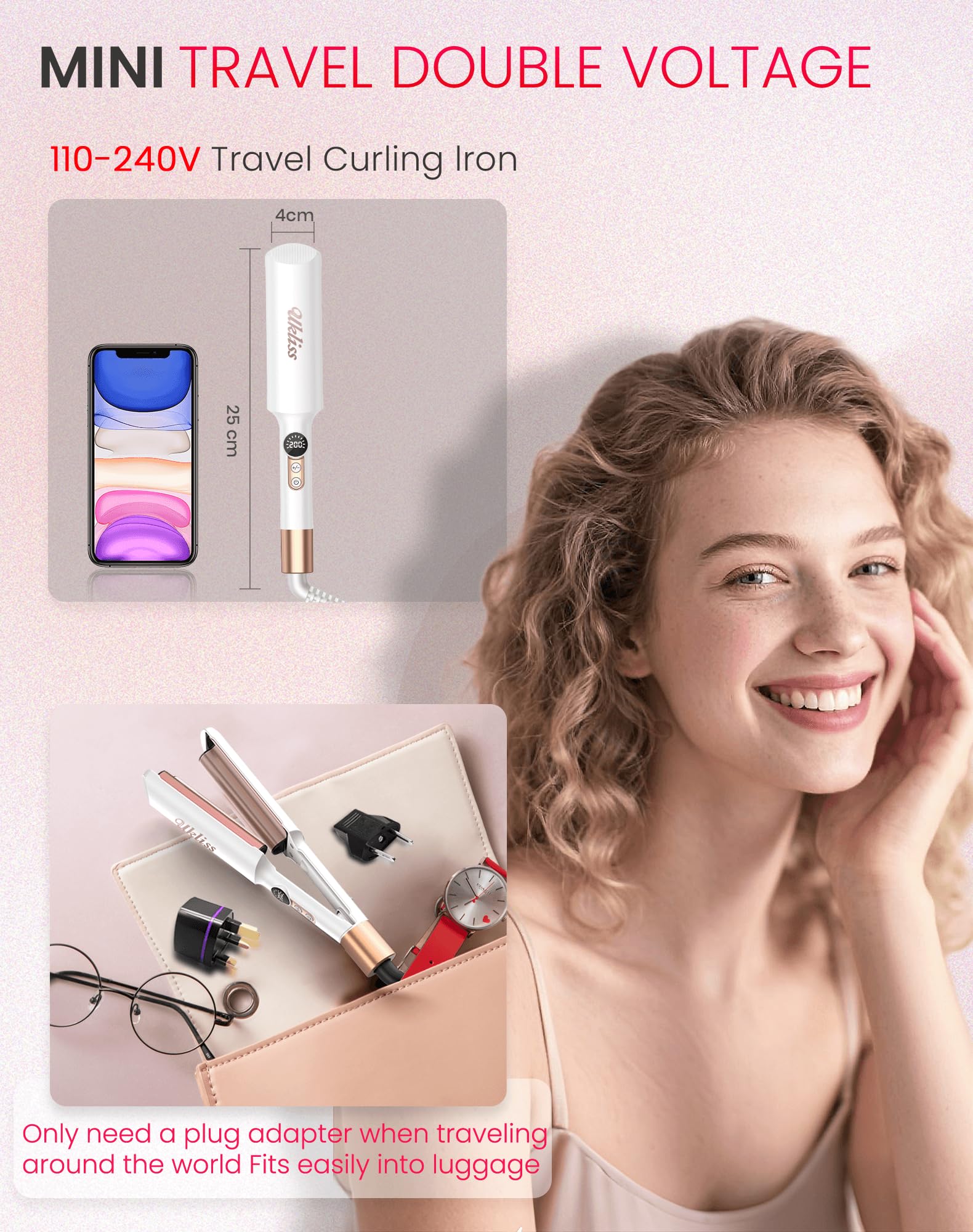 UKLISS Plancha Ondulada Pro Mini Para El Cabello Con 2 Adaptadores de Viaje, Pantalla LCD [120-210℃], Rizador de Ondas de Playa, Rizador de Pelo de Sirena Para Ondulaciones de Pelo, Rizador de Ondas