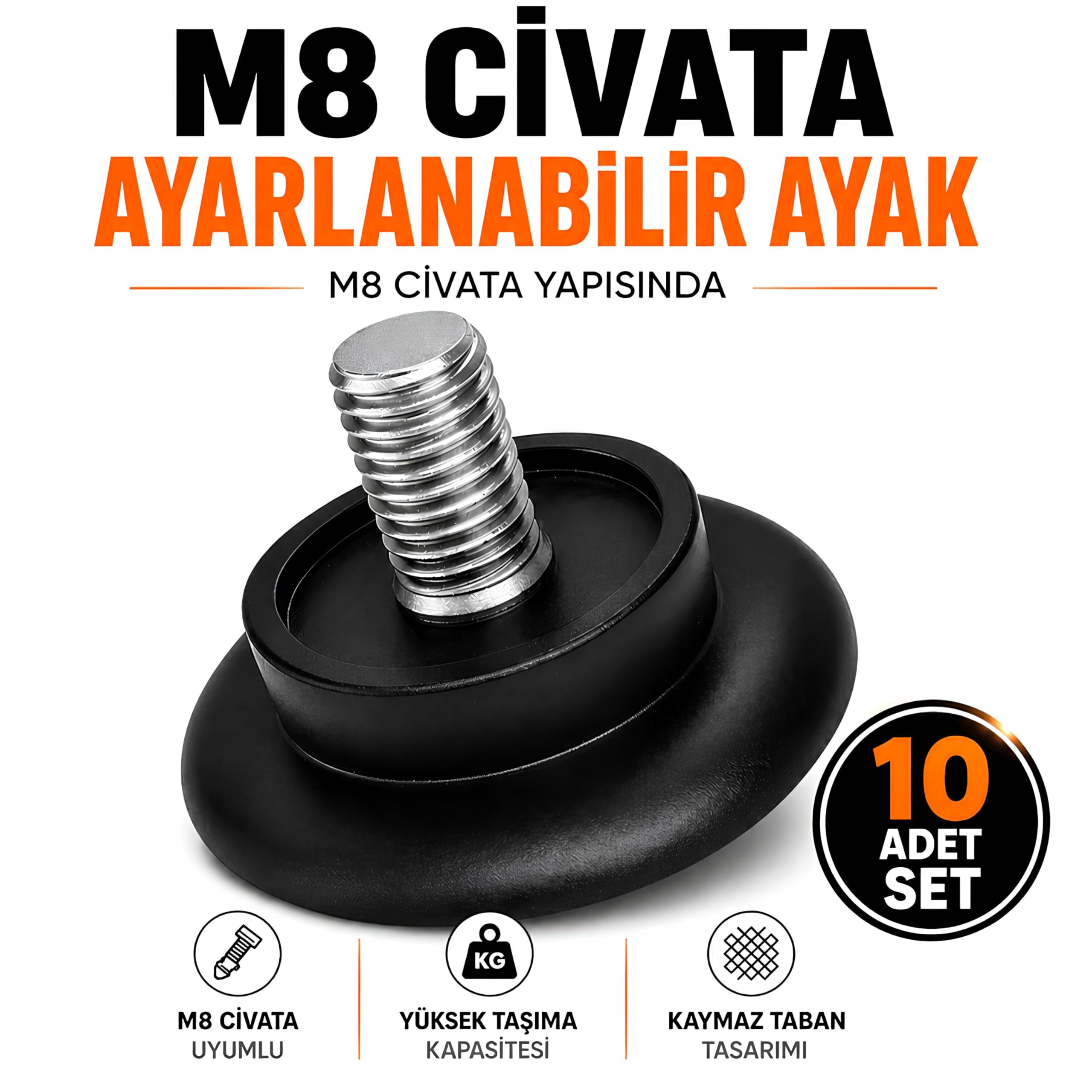 10 ADET Bingo Rotil Ayak M8 Civatalı 8 mm Siyah Profil Ayağı Ayakları 3 Cm