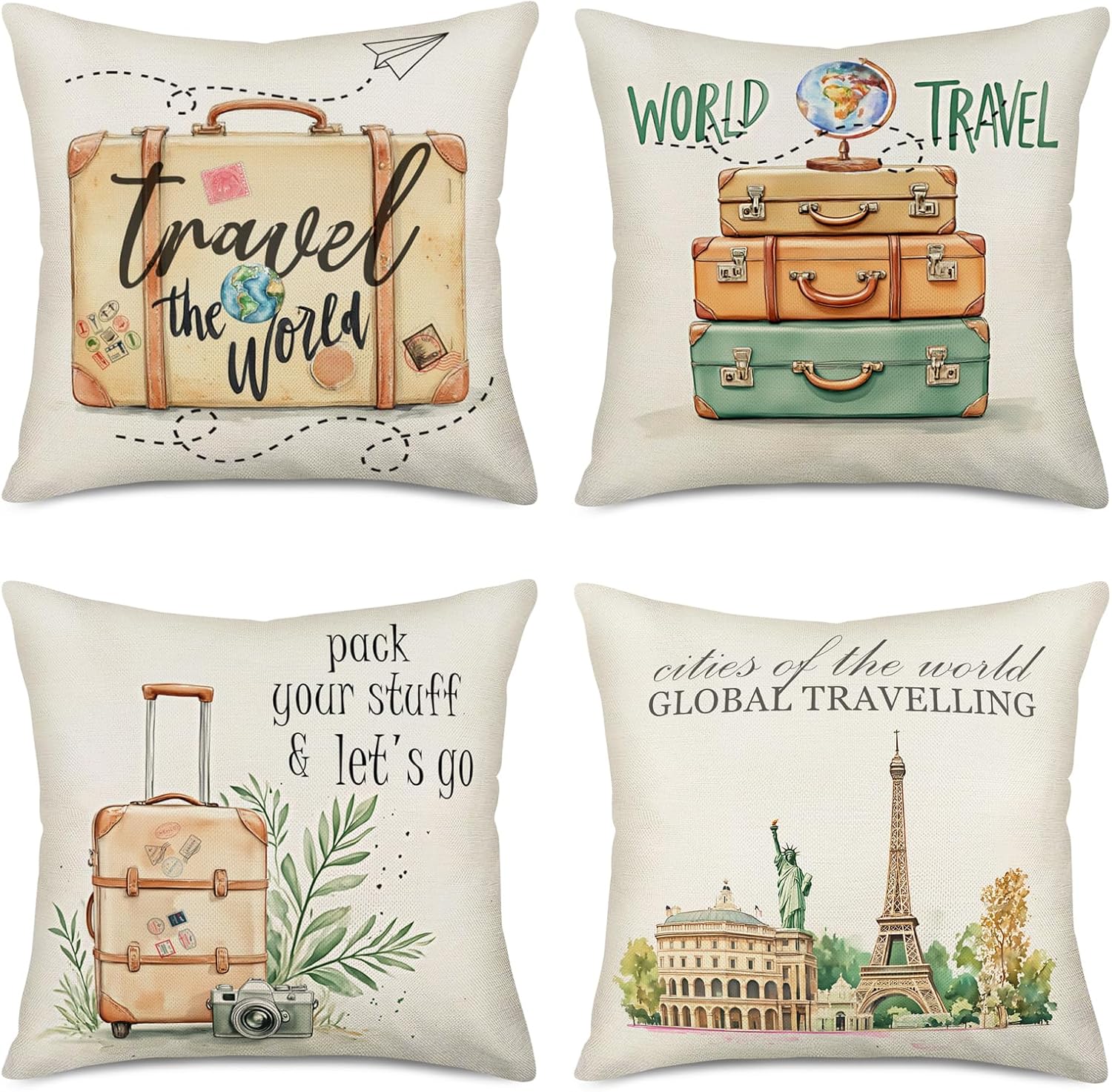 4 Pack Inspirational Quote Travel Theme Cotton Linen Throw Pillow Covers Home Decorative Cushion Case Square Pillowcase 18’’x18’’ with Summer Beach Happy Camper (4 Pack Travel Theme B)