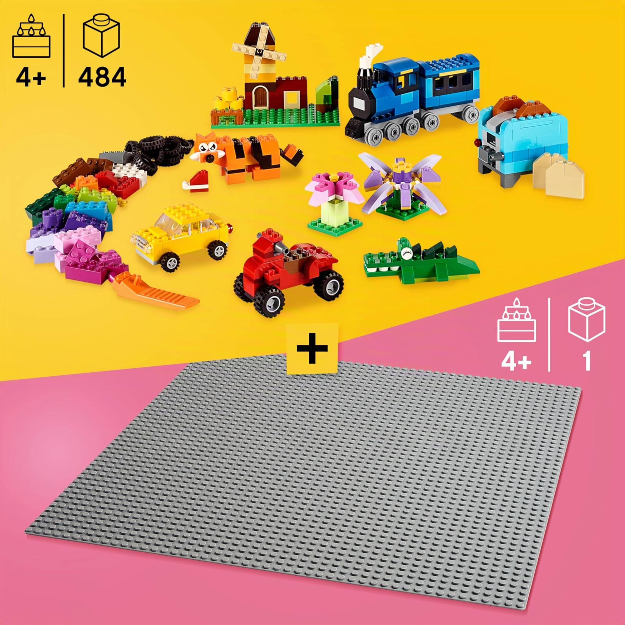 LEGO Classic - Caja de ladrillos de construcción media + placa gris (grande) para niños de 4 años