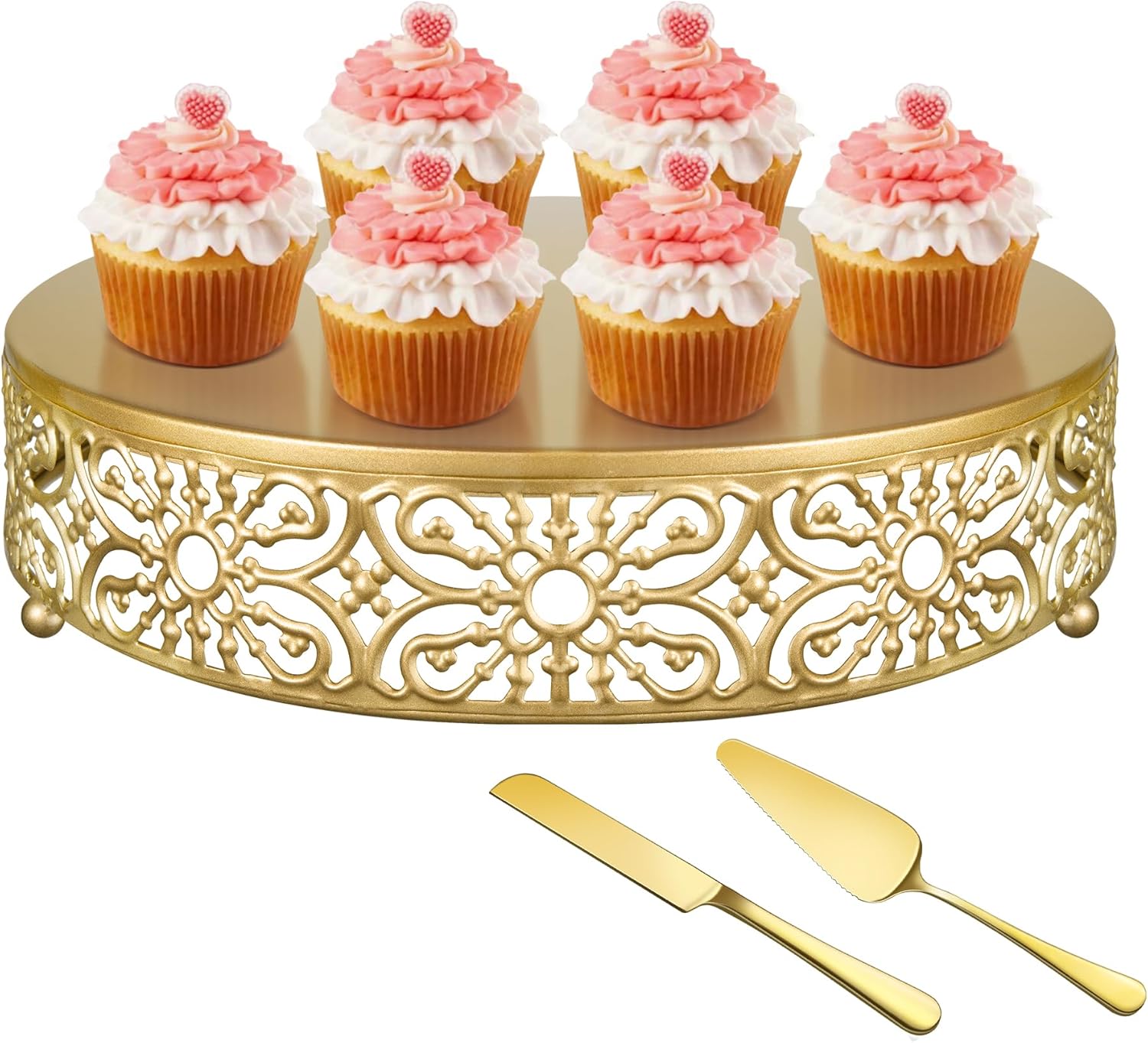 Gold Wedding Cake Stand 14 Inch, Metal Round Dessert Display Cupcake Stands for Celebration, Birthday, Party, Decor (with Cake Knife and Server Set)