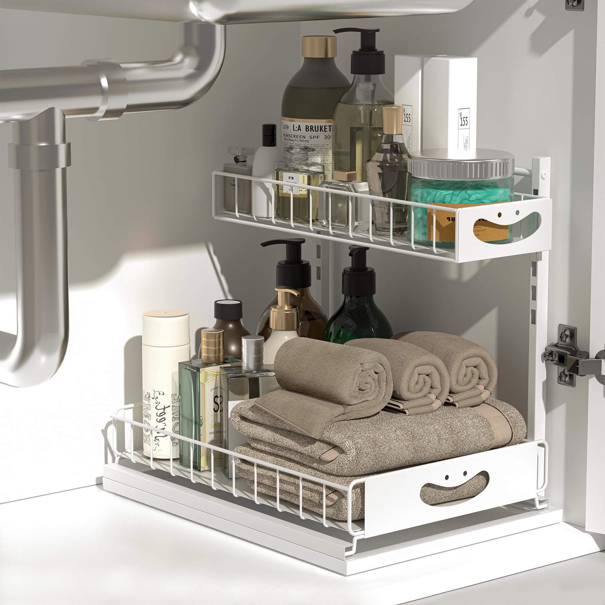 Organizzatore sotto il lavandino a 2 livelli, organizer estraibile in altezza regolabile, organizer per bagno e stoccaggio, organizer per armadietti, organizer per mobili da bagno, bianco