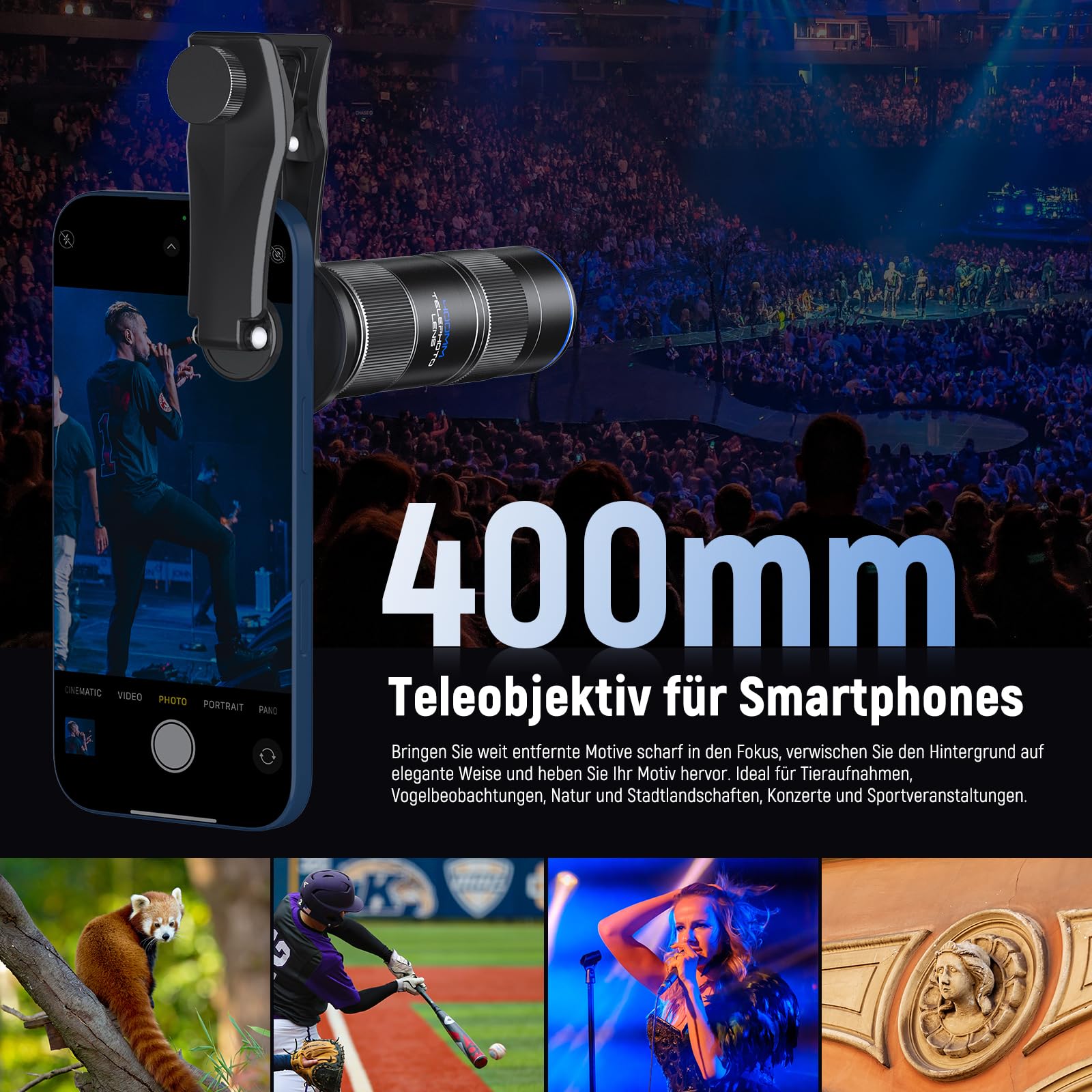 NEEWER 400mm Teleobjektiv für Smartphone Kamera mit 17mm Objektivclip mit Gewinde 70cm minimale Makro Fokusdistanz 2X Zoom für Rückplatte Phone Käfig Hülle kompatibel mit iPhone Samsung Android, LS-78