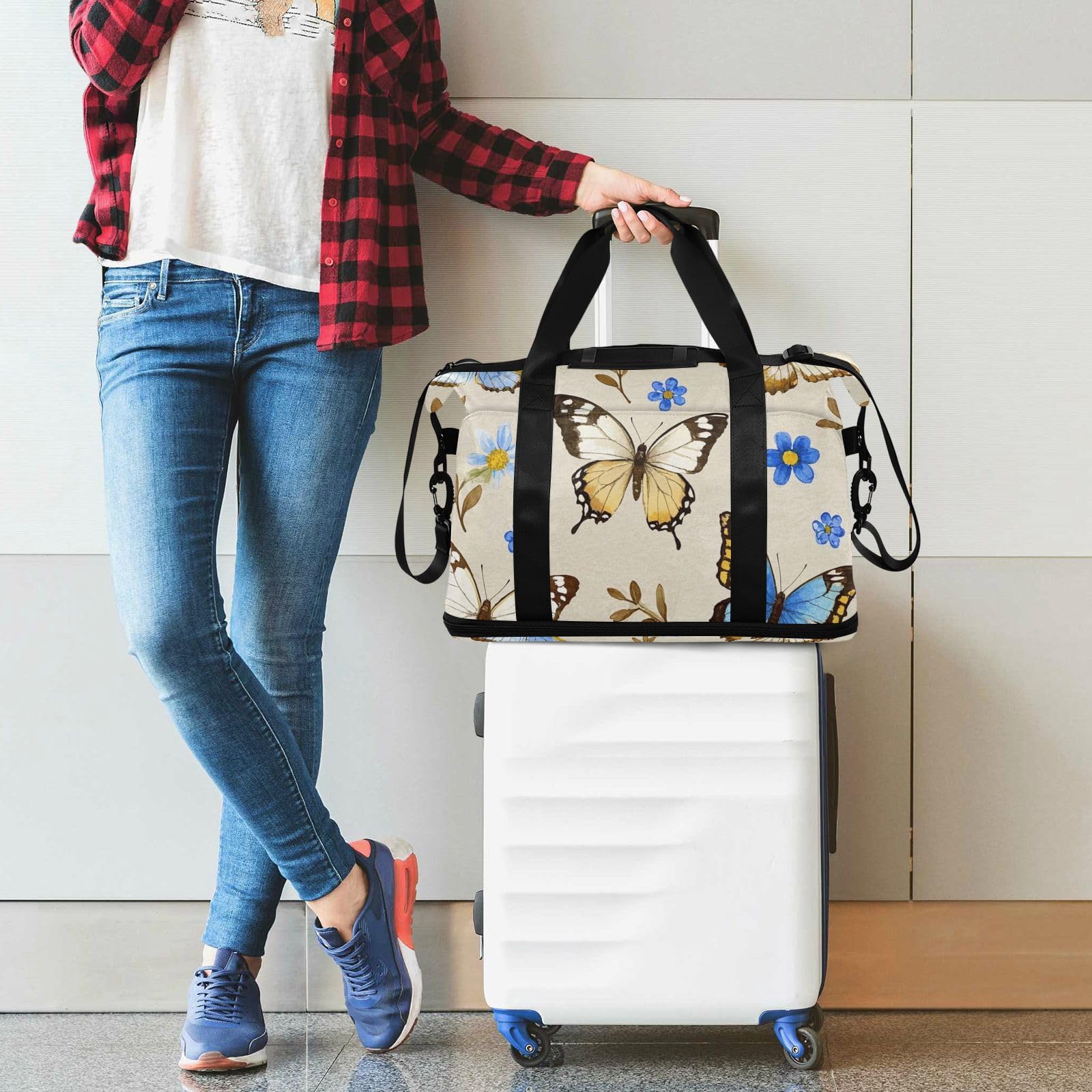 Modische bunte Reisetasche mit Schmetterlingen, Beige, übergroße Reisetasche mit Nassfach, verstellbarer Riemen, Tragetasche für Fitnessstudio, wasserdicht, für Männer und Frauen