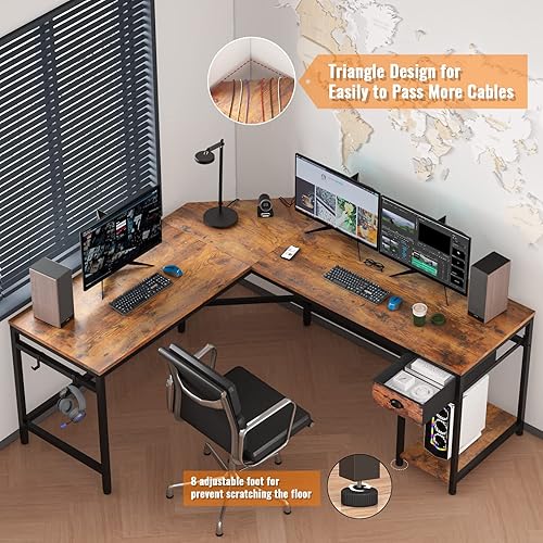 Miniatura 4 de Furologee L Shaped Computer Desk and Printer Stand, 59" Large Corner Desk, Mobile 3 Tier Printer Table with Wheels and 2 Hooks, Under Desk Printer