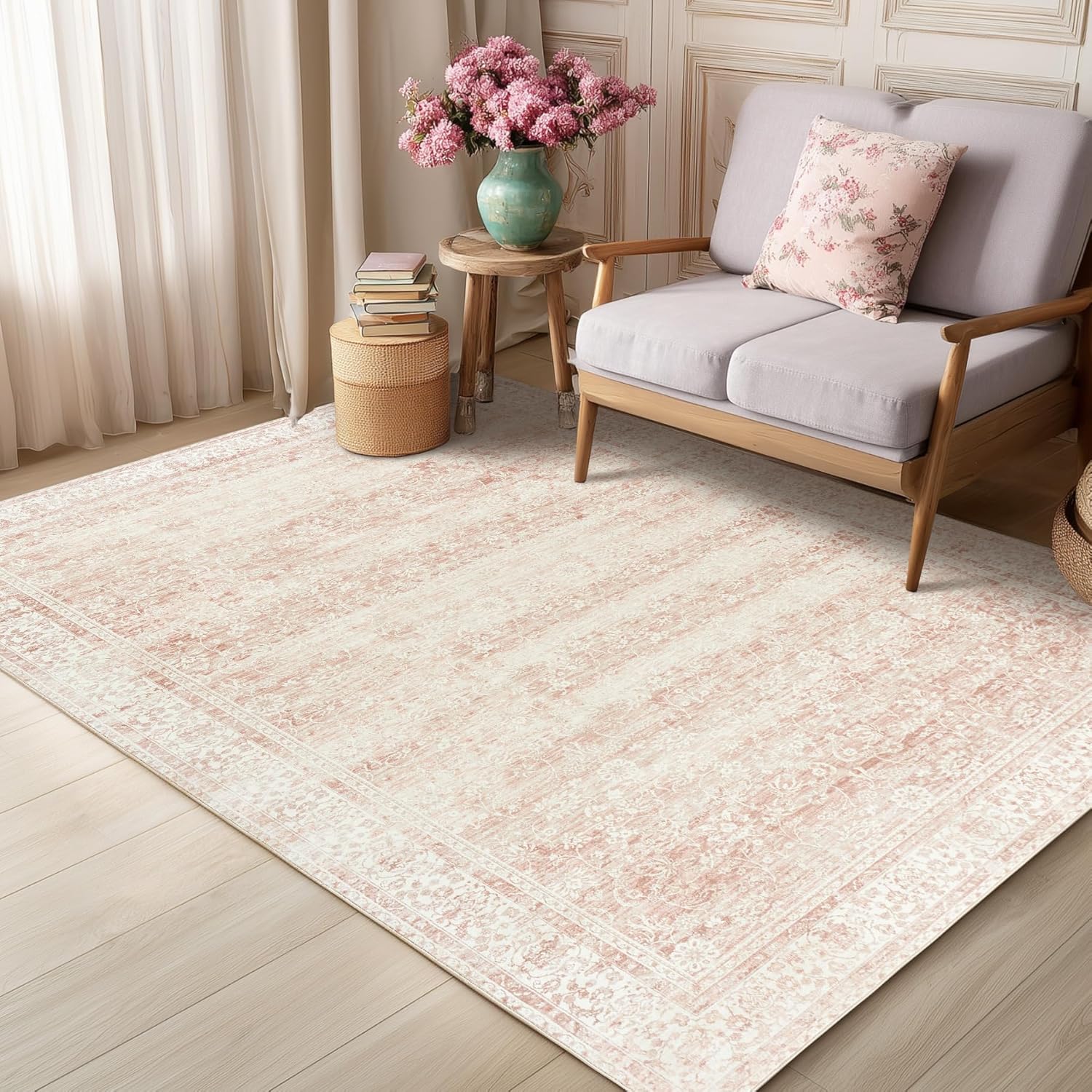 Pink Nursery Rug for Baby Girl 5 x 7 Neutral Blush Pink Boho Cute Floral Foldable Machine Washable Low Pile Soft Surface Carpet Area Rugs for Living Room Bedroom Dorm Kids Playroom,5x7 - Image 6
