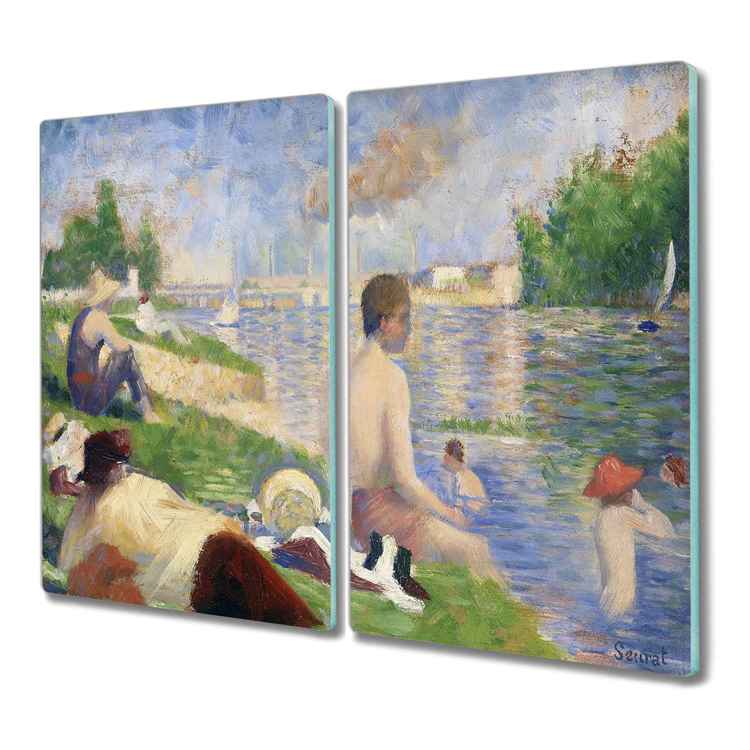Planche à découper en verre trempé 2x30x52 cm motif baigneurs pour plaque induction