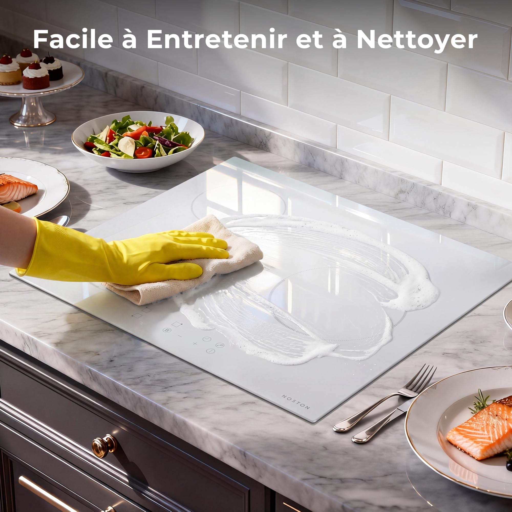 Karinear Plaque Induction Blanc 3 Feux avec Prise | Plaque de Cuisson Induction Encastrable 59CM, 3500W, Commande Tactile, Boost, Verrou de Sécurité, Minuterie, 220V