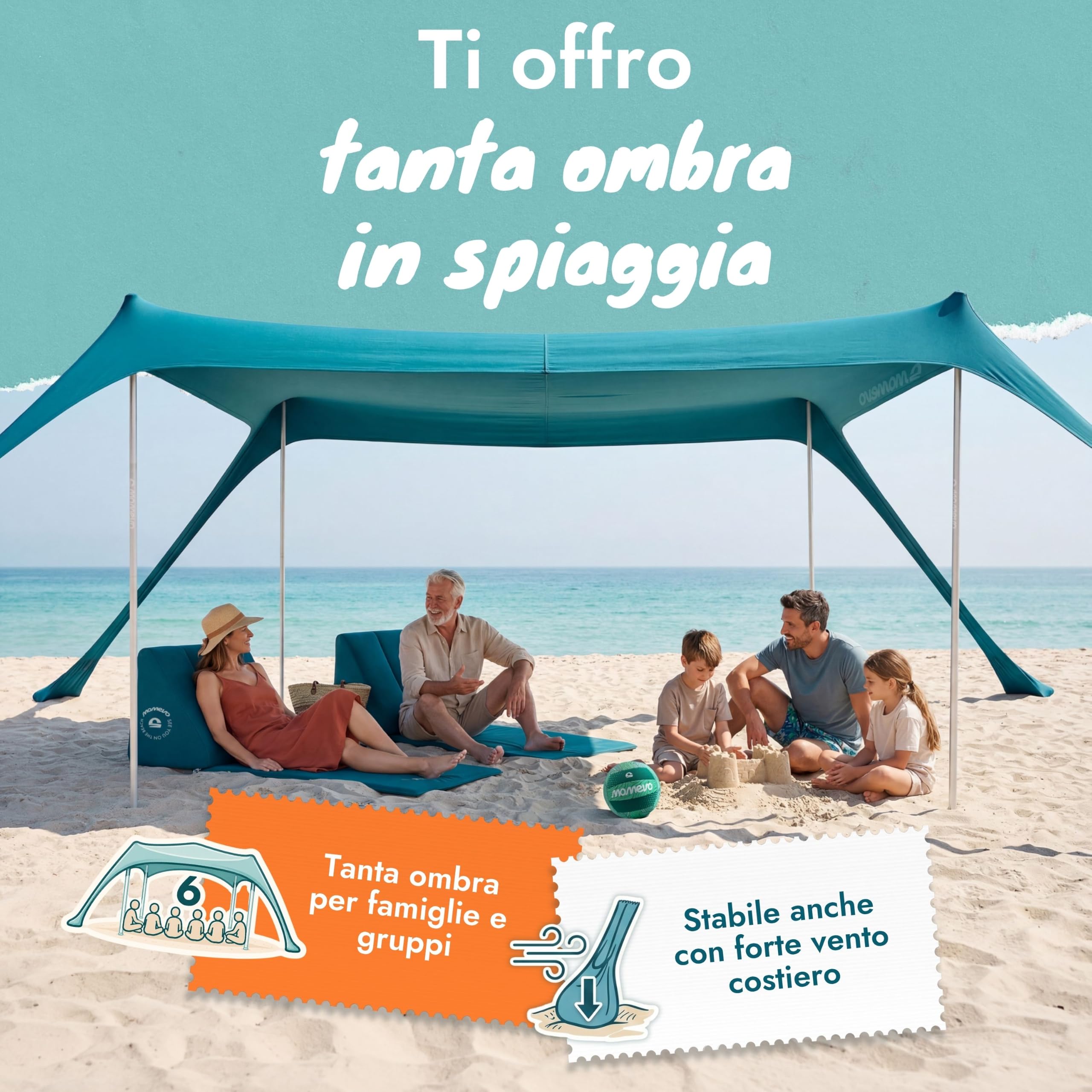 Sunsail Tenda da Spiaggia UPF50+ – Parasole ideale per mare e campeggio (fino a 6 persone, blu petrolio)