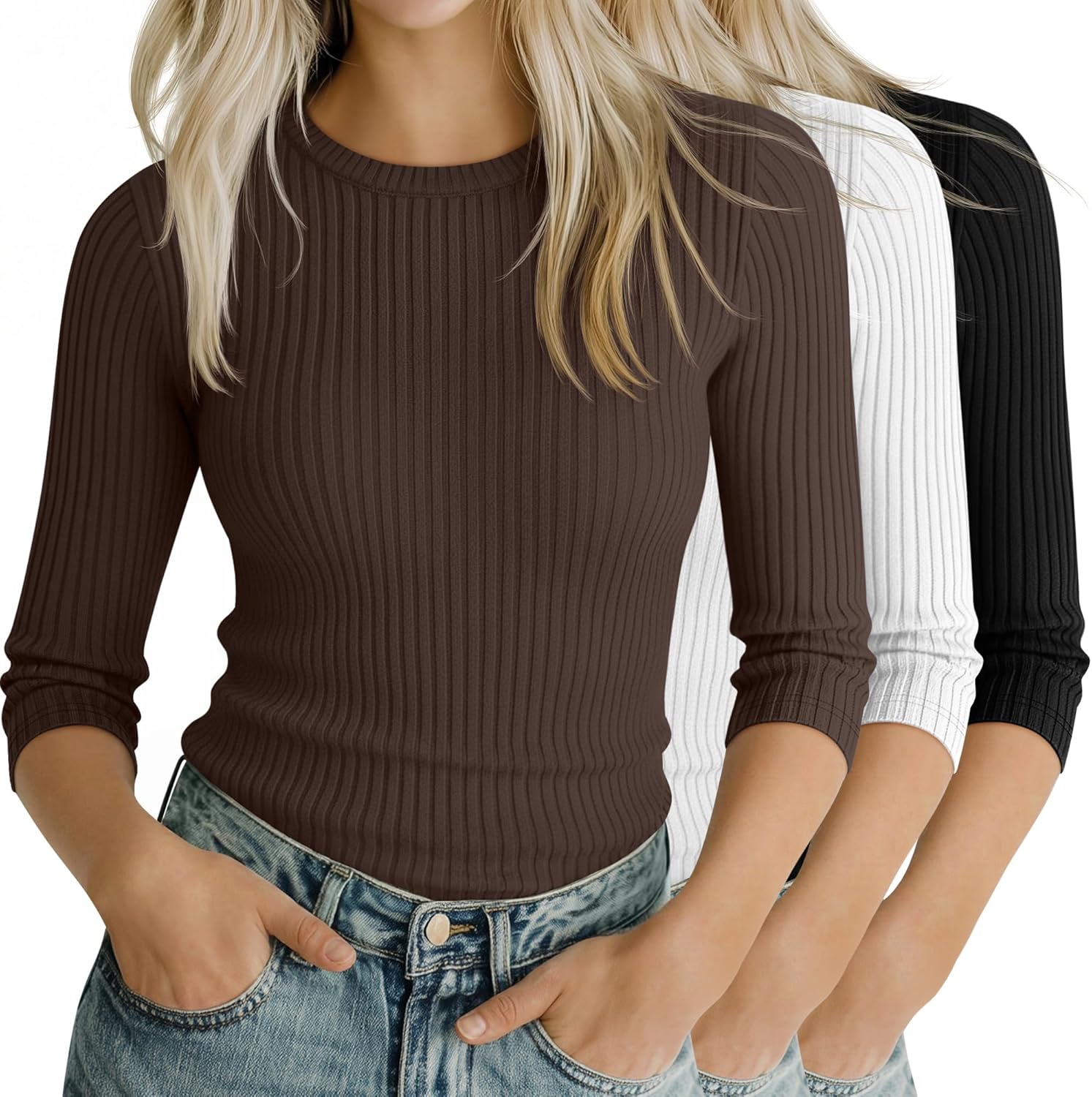 Ficerd 3 Pack 3/4 Sleeve Tops for Women, Cotton Knit Ribbed T Shirts Basic Slim Fit Casual Stretch Tees Crew Neck Shirts