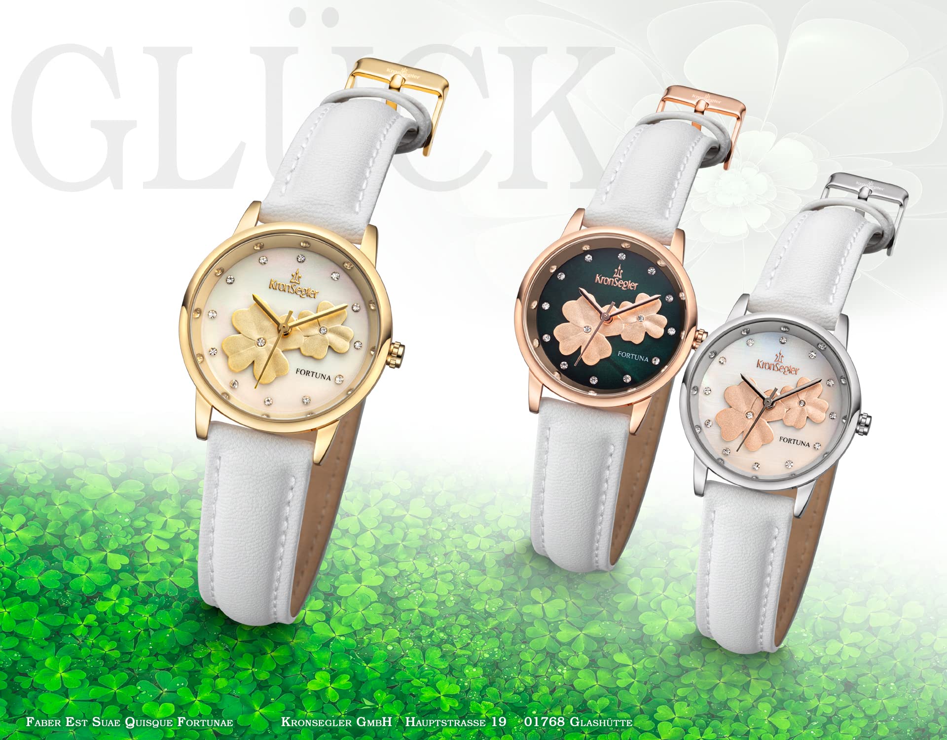 Kronsegler Orologio da donna Fortuna placcato oro - bianco | zirconia, cinturino in morbida fibra di mela vegana, quadrante bianco con trifoglio d'oro