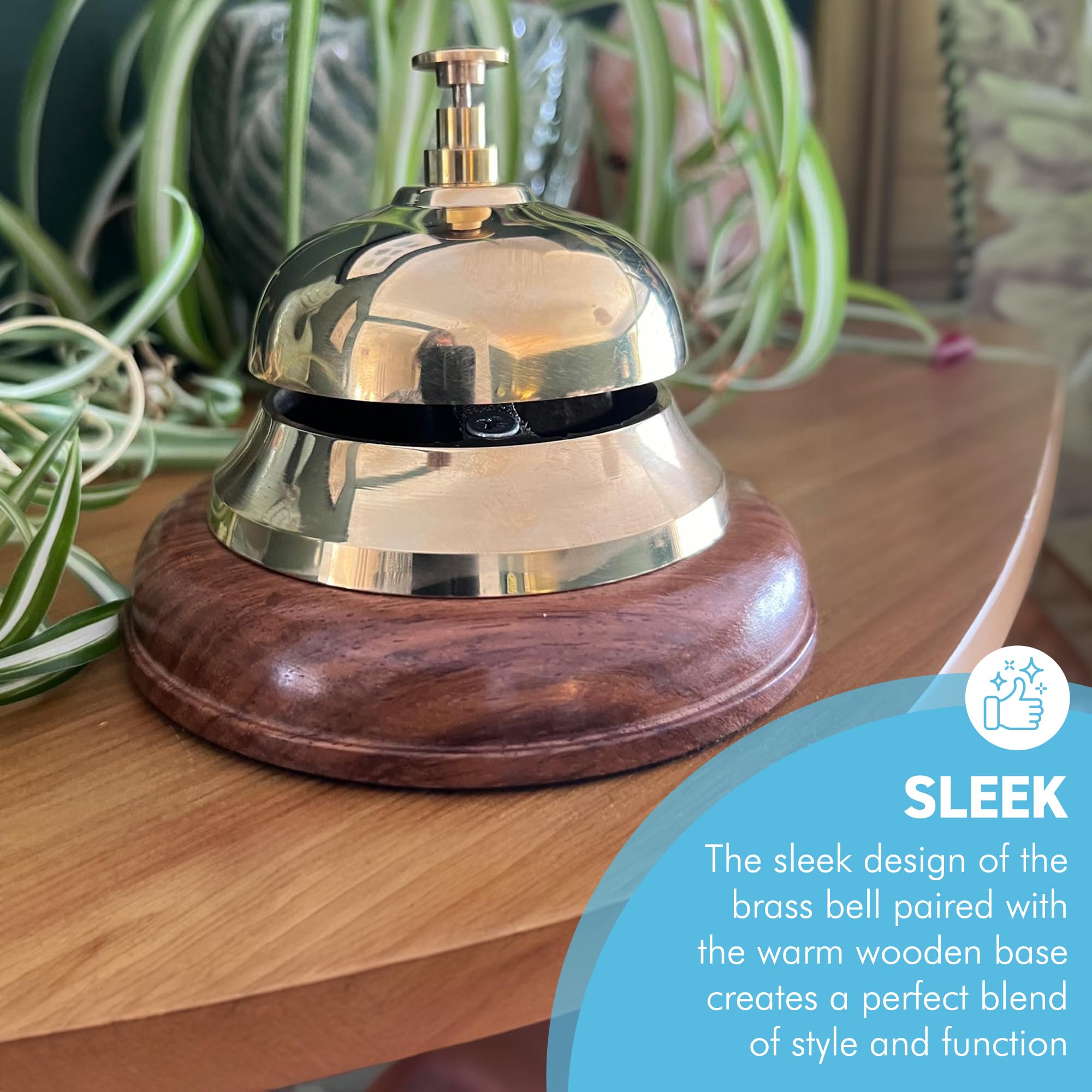 Elegant Brass Reception Desk Bell with Wooden Base - Ideal for Hotels Schools, and Restaurants (12cm W x 10cm H) - Image 2