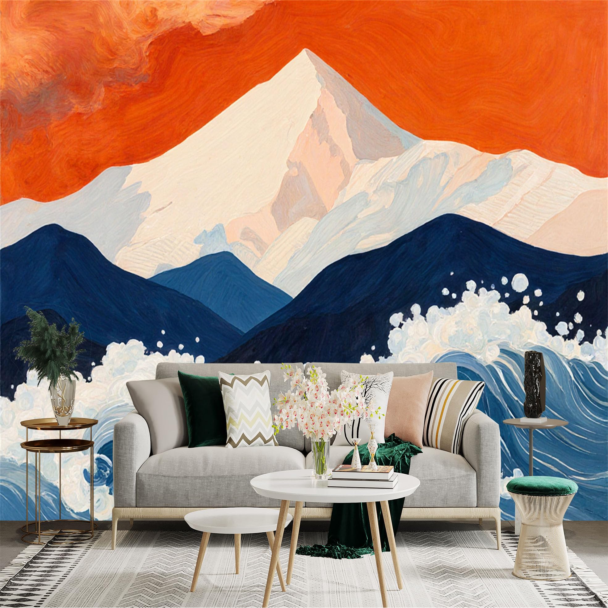 Custom Size Wall Sticker Mural， Abstract Snowy Mountain Peak with Dramatic Red Sky and Ocean Waves， for wall Decoration， peelandstick wall Decals.