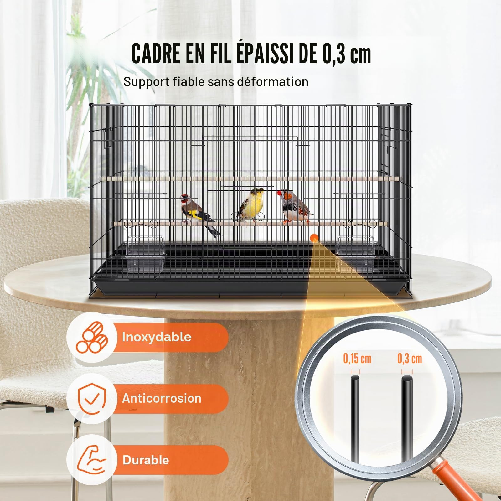 VEVOR Cage à Oiseau 76x46x45,5 cm Métal Portable Poignée Latérale Porte Sécurisée Plateau Détachable Perchoirs Mangeoires pour Perruches Calopsittes Perroquets
