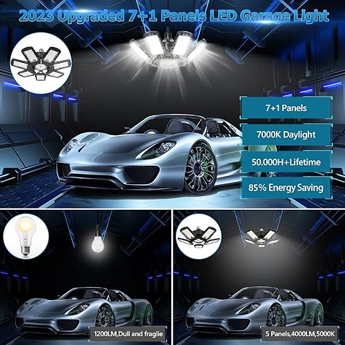 Miniatura 3 de Luz LED de garaje de 200 W, luces LED de tienda de 20000 lúmenes, luces de garaje deformables de techo con 7+1 panel, 7000 K luz diurna ajustable