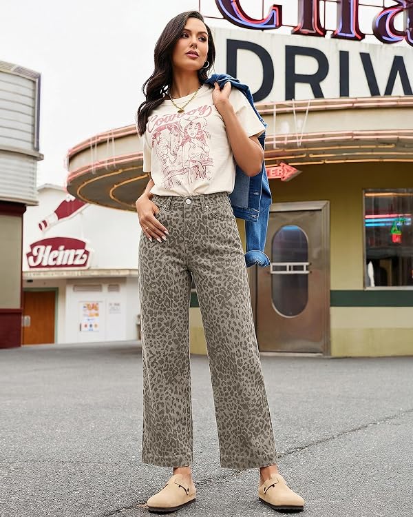 luvamia Wide Leg Jeans Woman Trendy High Waisted Leopard Cheetah Print Ankle Length Stretchy Denim Pants with Pockets Gray Leopard Size X-Large US Size 16 18 by luvamia - Used condition - Image 4