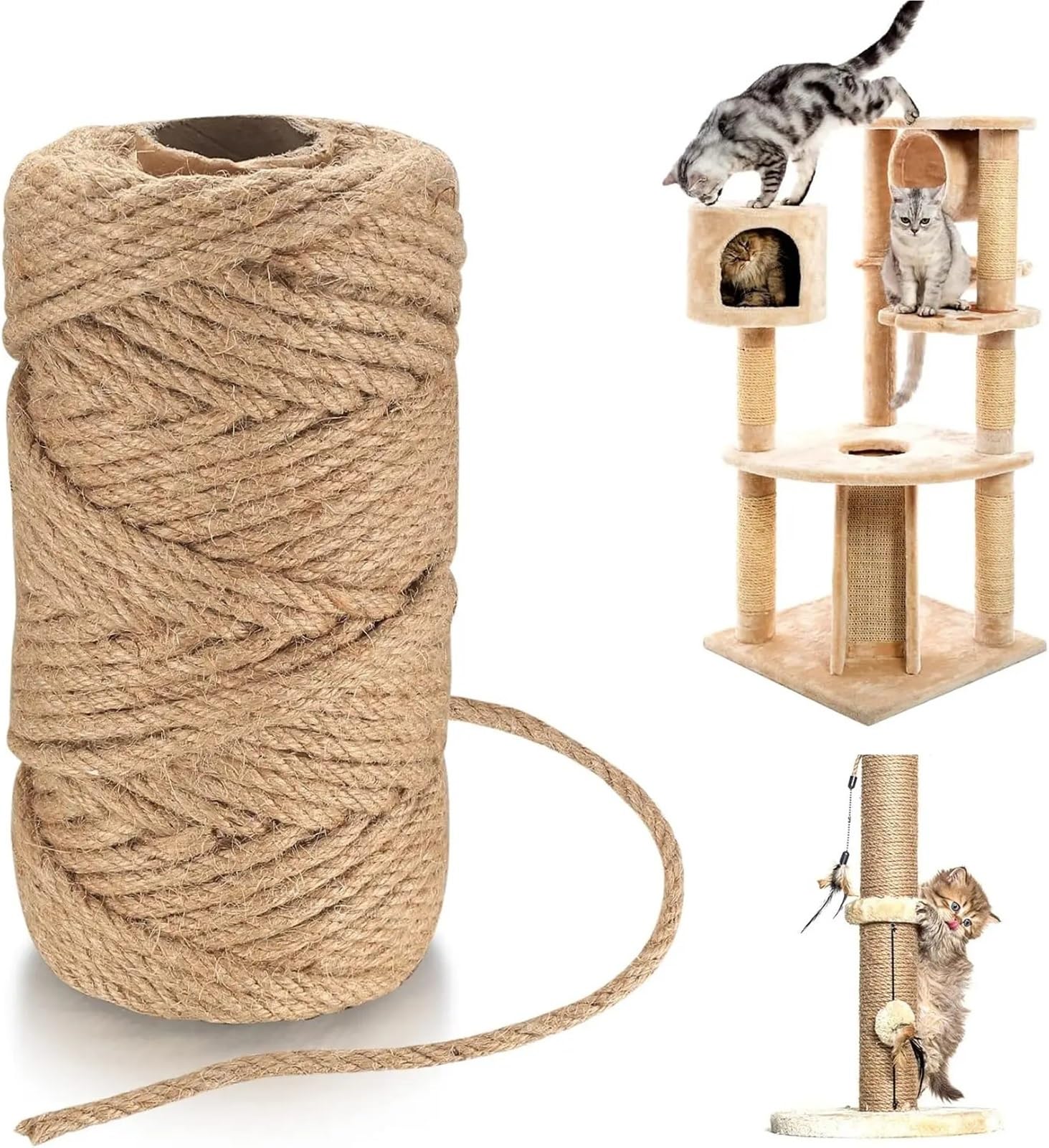 Corde Jute Ficelle de Jute 6 mm, Corde épaisse et résistante à 4 brins, Chanvre for griffoir for Chat, Loisirs créatifs, Jardinage(100m Length)