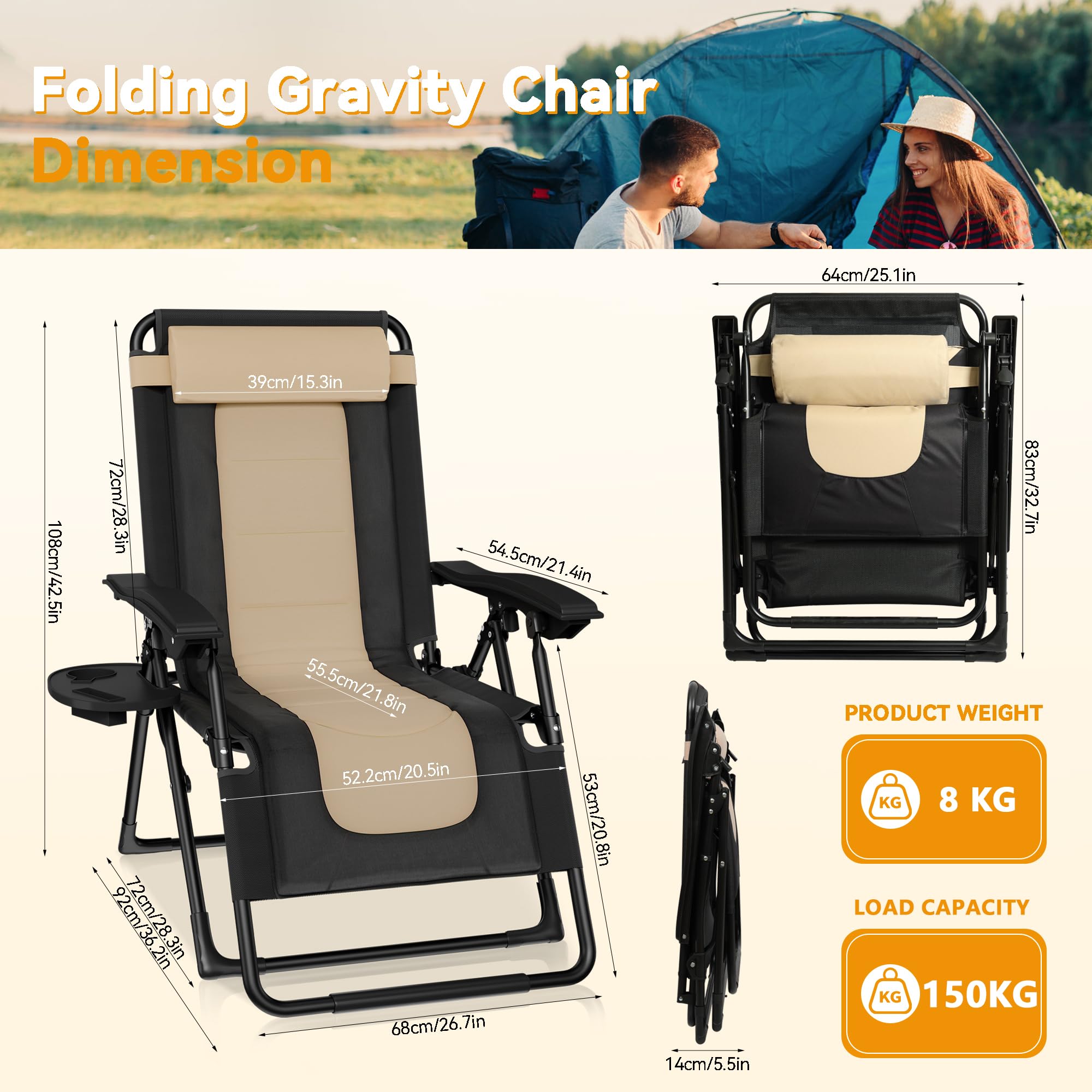 Liegestuhl Garten Klappbar Sonnenliege Wetterfest bis 150kg, Gartenliege mit Kopfkissen & Getränkehalter, Outdoor Liege Verstellbare Relaxliege, Liegestuhl Balkon für Pool Terrasse (Khaki)