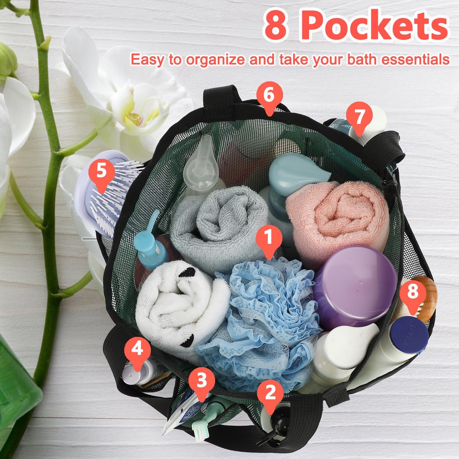 Fammart Mesh Shower Caddy Portable for College Dorm Room Essentials, Odorless Polyester Large Shower Tote Bag with Dual Handles, 8-Pocket Quick-Dry Toiletry Organizer for Travel, Beach, Camping, Gym image 4