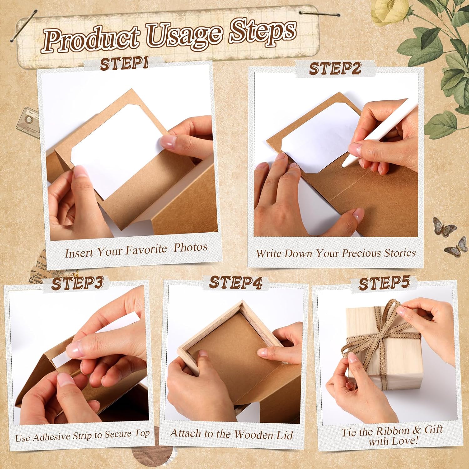 Feifeiya Mini Wooden Pull out Photo Box, DIY 2x3 Album,20 Photos,Natural