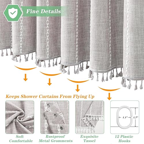 Miniatura 5 de meioro Cortina de ducha bohemia a rayas, juego de cortina de ducha de tela tejida de lino de 10.41 ozm con borla, repelente al agua, rústica,