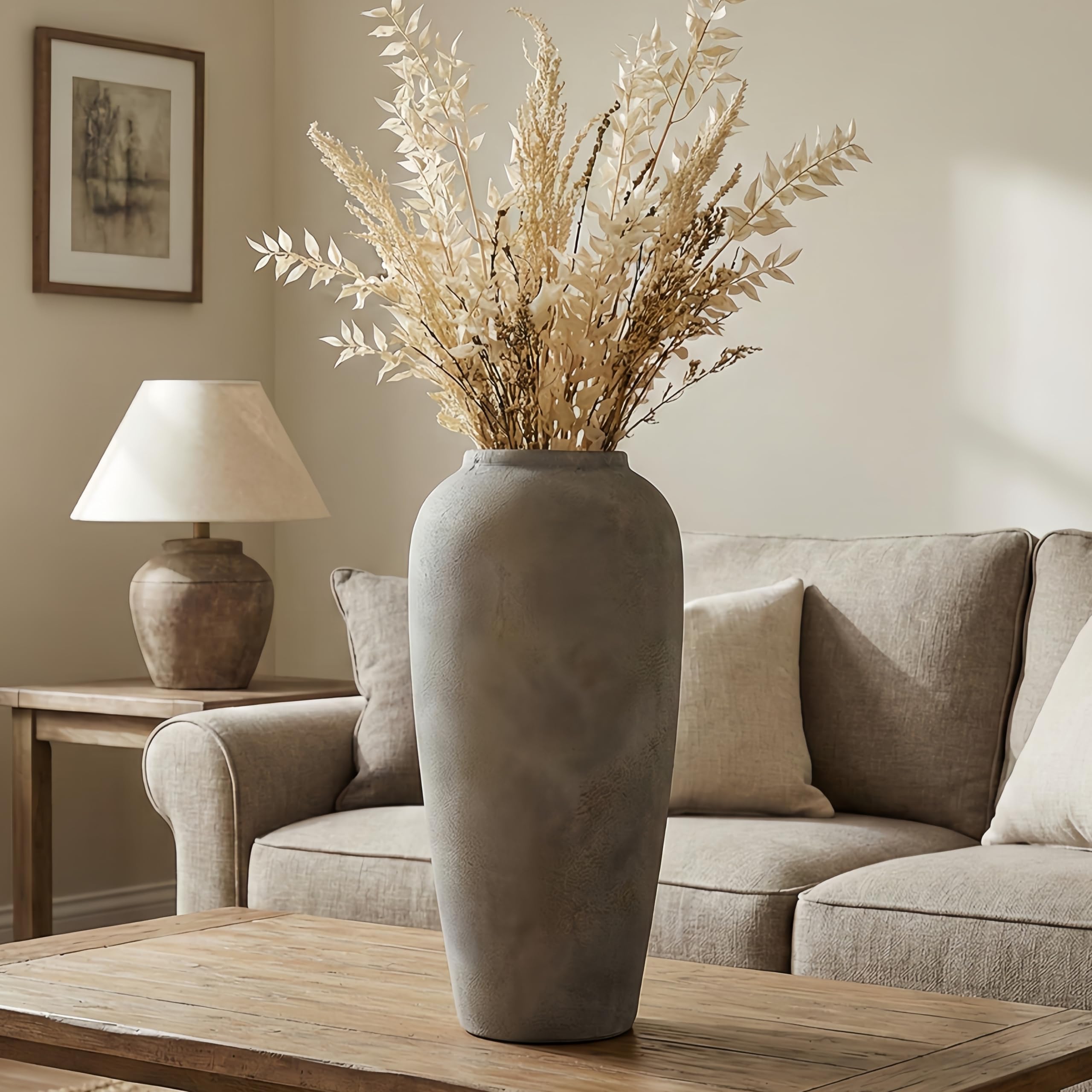 Jarrón de cerámica rústico gris blanco para sala de estar, jarrón grande de estilo vintage de 38 cm para mesa de comedor de 15 pulgadas gris blanco, regalo de boda y inauguración de la casa