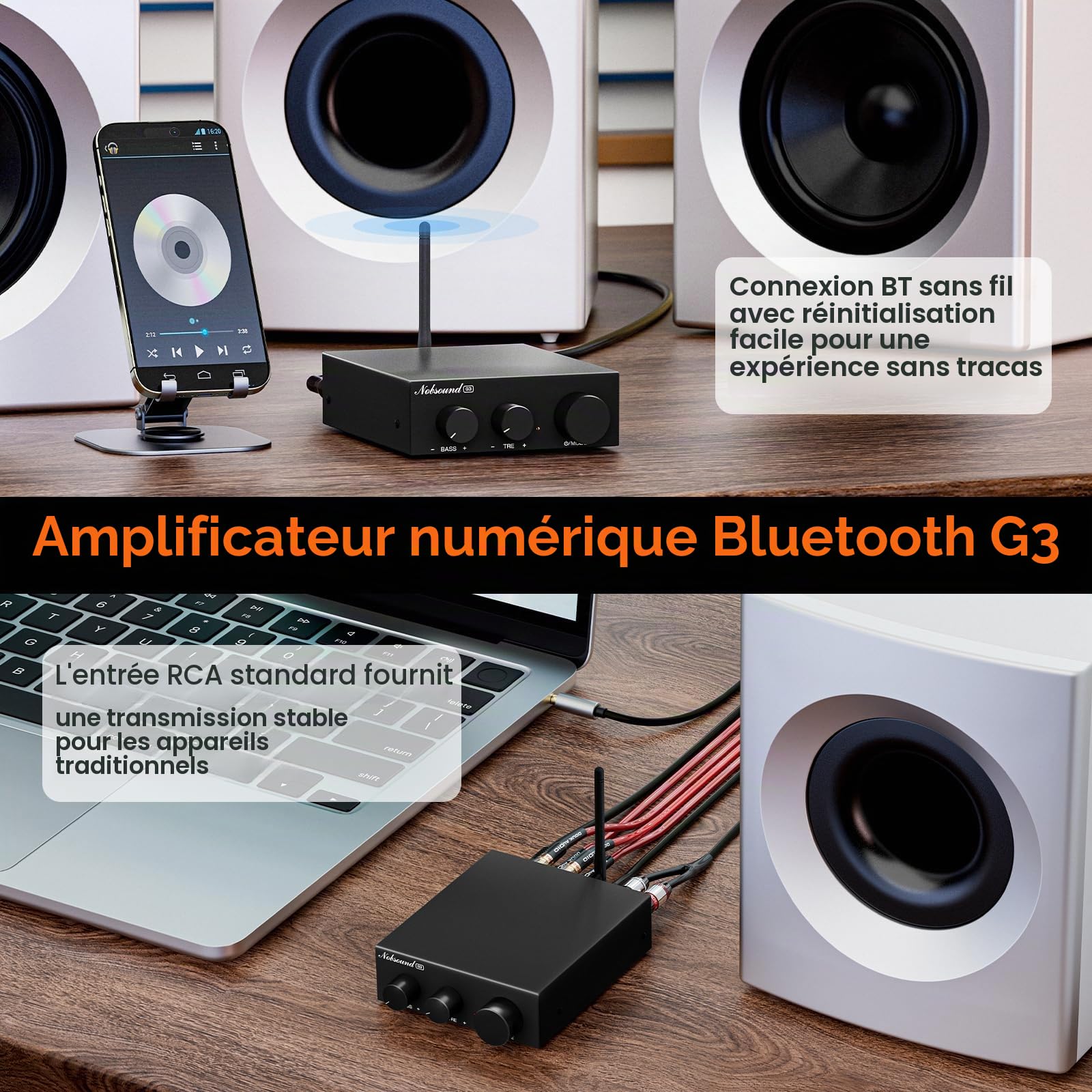 Nobsound Amplificateur stéréo Bluetooth 5.0 : mini canal audio 2.0 amplificateur intégré avec régulateur de graves aigus, pour haut-parleurs à la maison 50 W x2 TPA3116