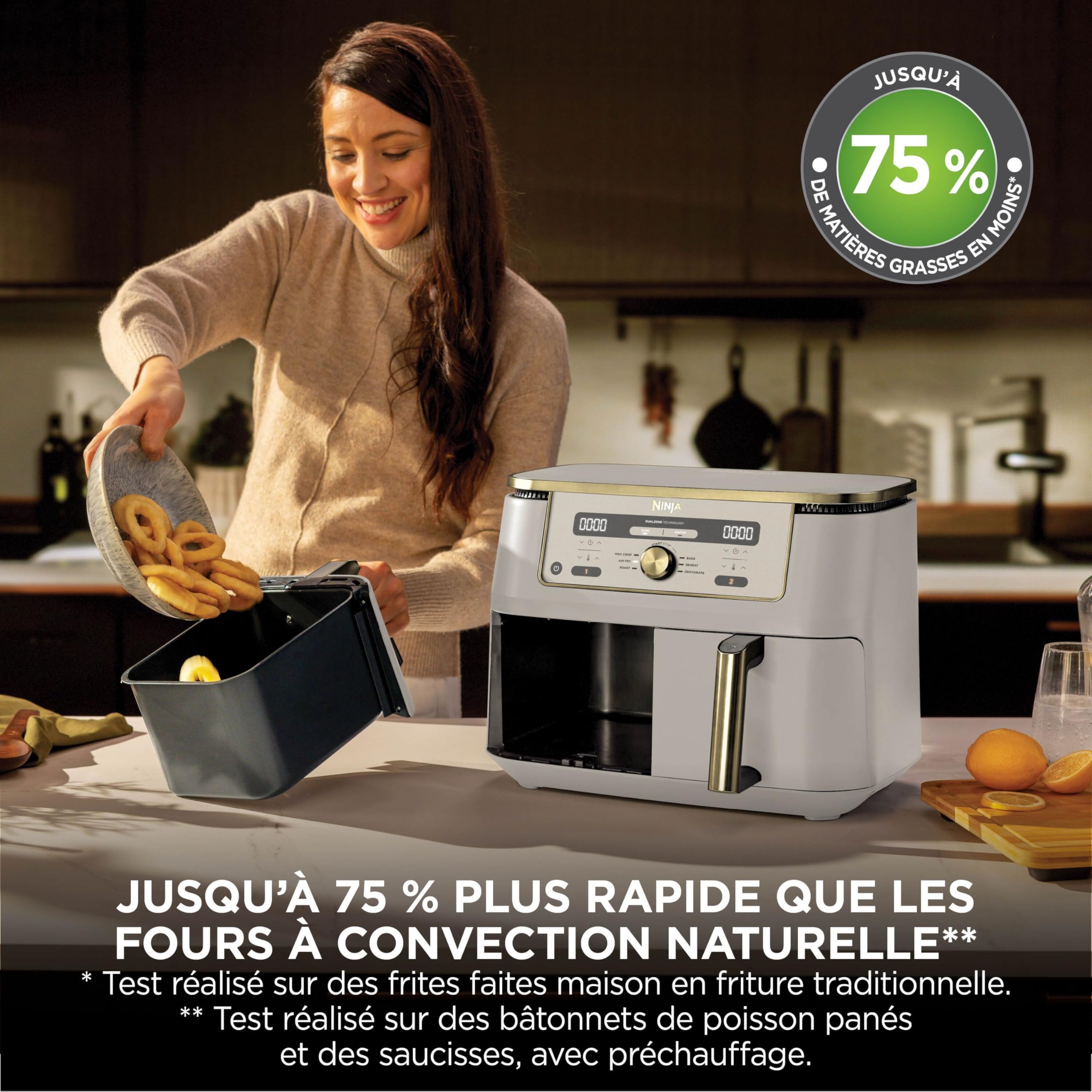 Ninja Air Fryer Dual Zone MAX numérique, Friteuse à air chaud grande capacité, 9,5 L, Sans huile, Air Fry, Croustillant max, Cuire au four, Rôtir, Déshydrater, Réchauffer, Stone/or, DZ400EUSTGD