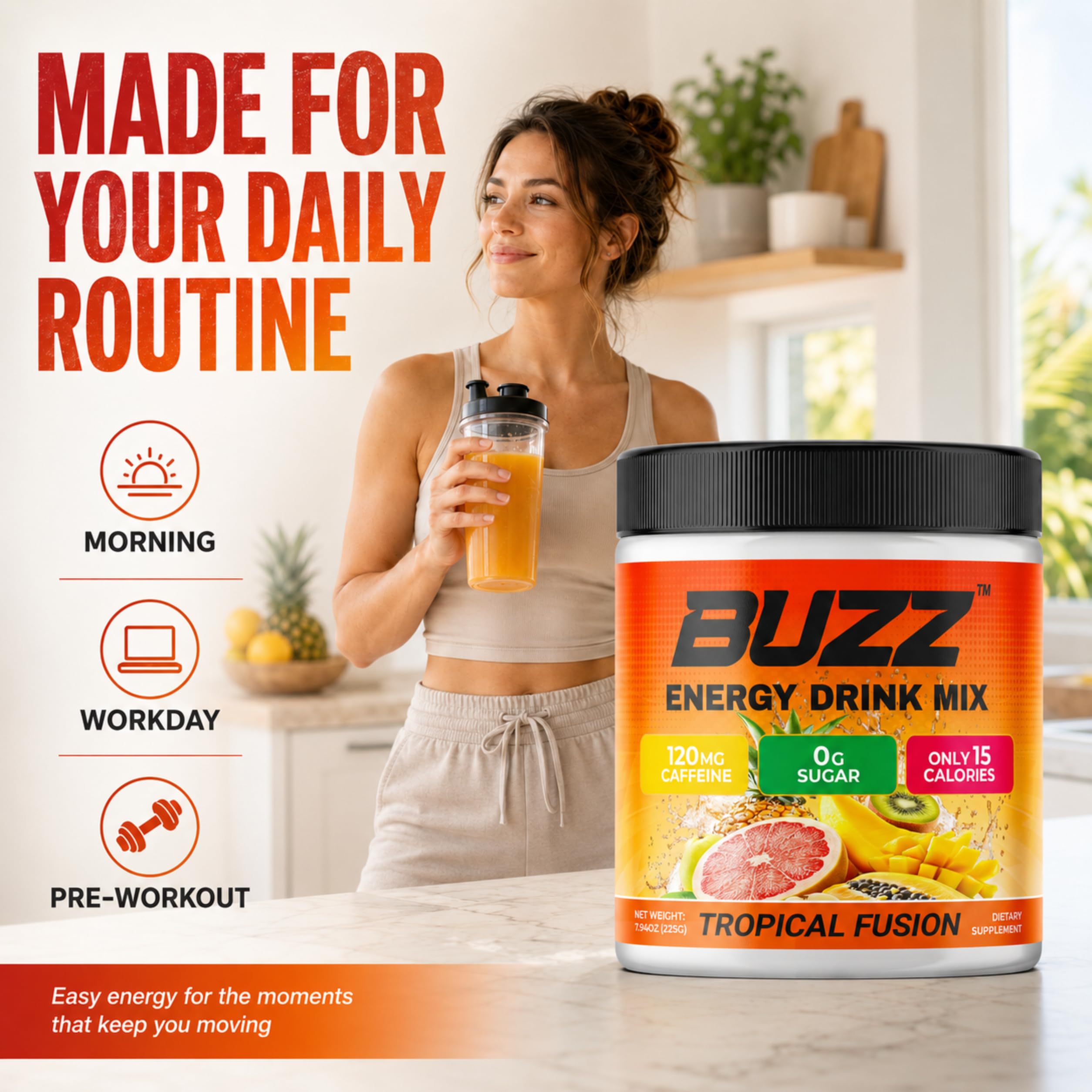 Sugar Free Energy Drink Powder - 18 Vit & Minerals, Tropical Fusion Flavor — Amazon image 3
