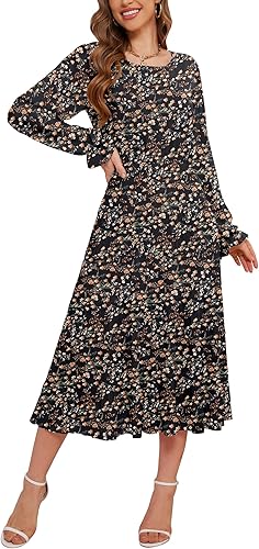 CYiNu Women's Midi Dresses Long Sleeve Crew Neck Flowy Casual Floral Boho Tiered