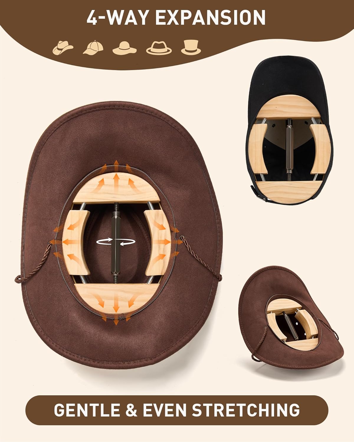 4-Way Adjustable Hat Stretcher & Jack - Resizer for Cowboy, Baseball, Peak and Fitted Caps - Tool to Shape, Stretch and Maintain Your Hats (Fits Size 6 7/8 to 8) Khaki - Image 3