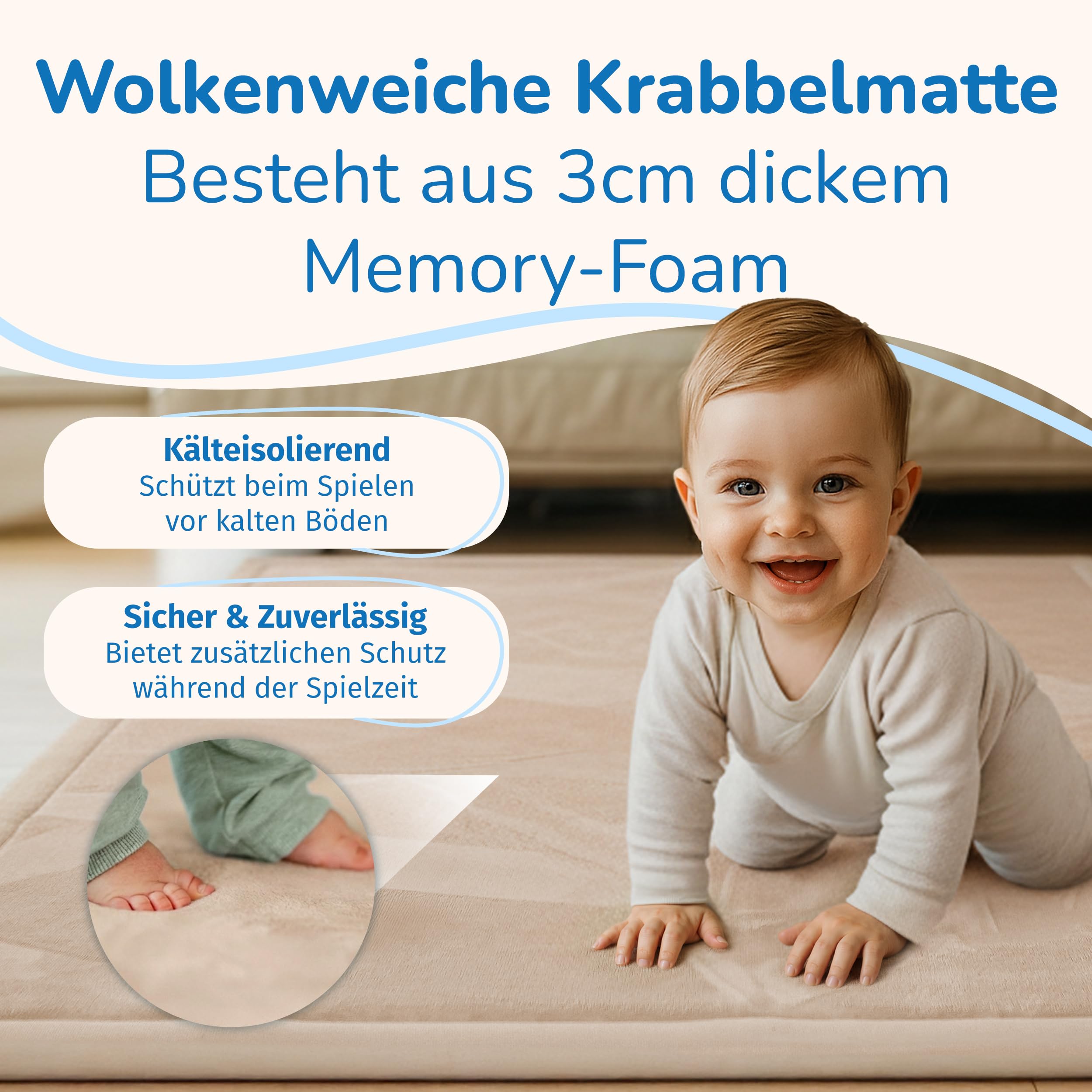 BabybeFun Krabbelmatte Baby - kuschelig weich - 3cm Dicke Spielmatte - schützt vor Stößen - Teppich Kinderzimmer 150x150cm - rutschfeste Schaumstoffmatte - Spielteppich Kinder - Krabbeldecke warm