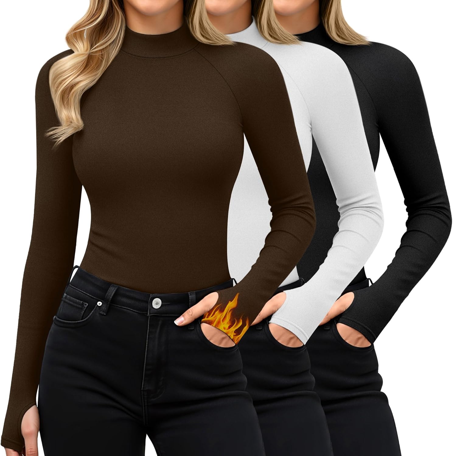3 Pack Women's Mock Turtleneck Tops Long Sleeve Shirts Basic Thermal Underwear with Thumb Hole Winter Pullover Top