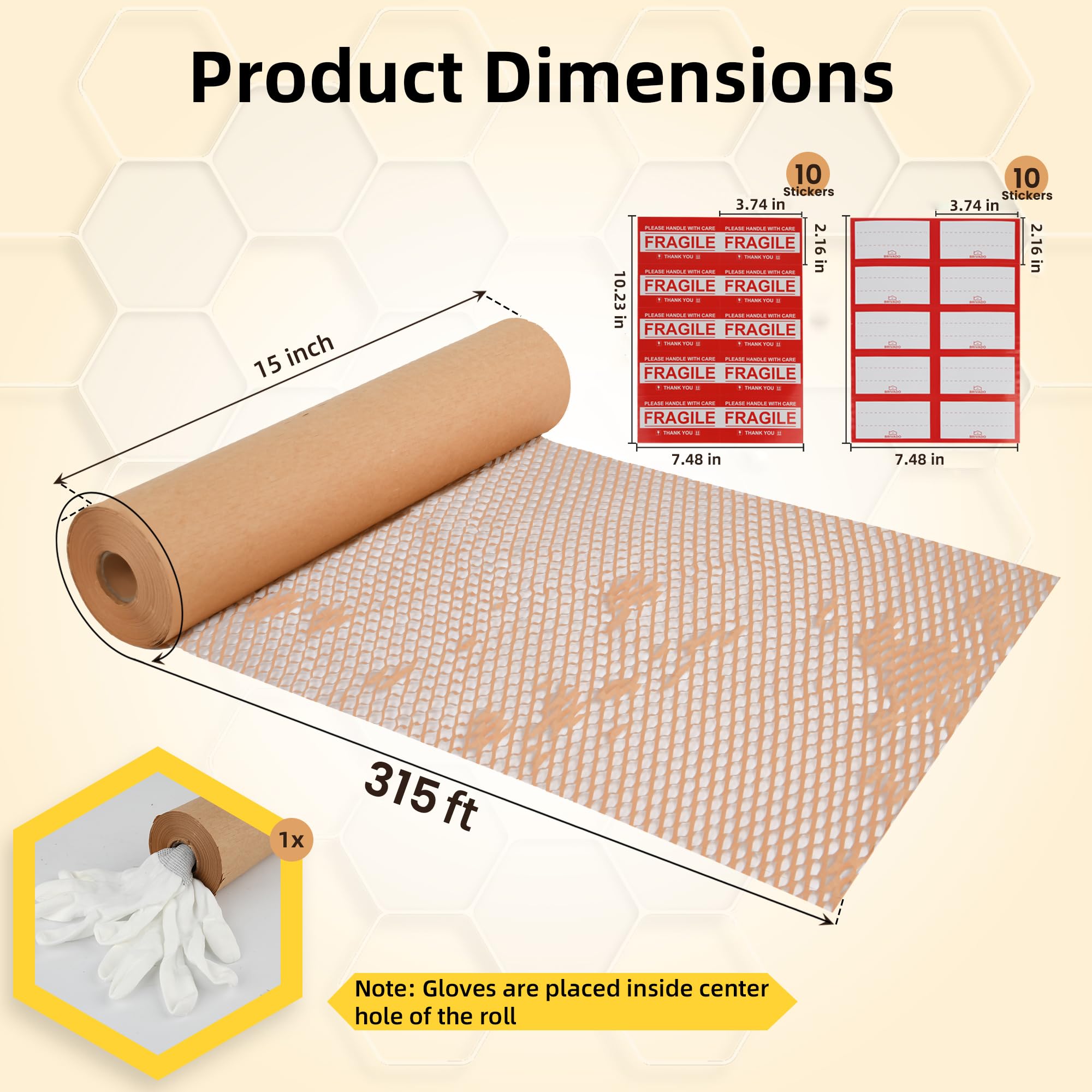 Rollo de papel de embalaje de panal de abeja de 15 x 3780 pulgadas (96 m) – Papel de regalo ecológico con calcomanías frágiles y de etiquetado, guantes, papel de panal reciclable | Alternativa al