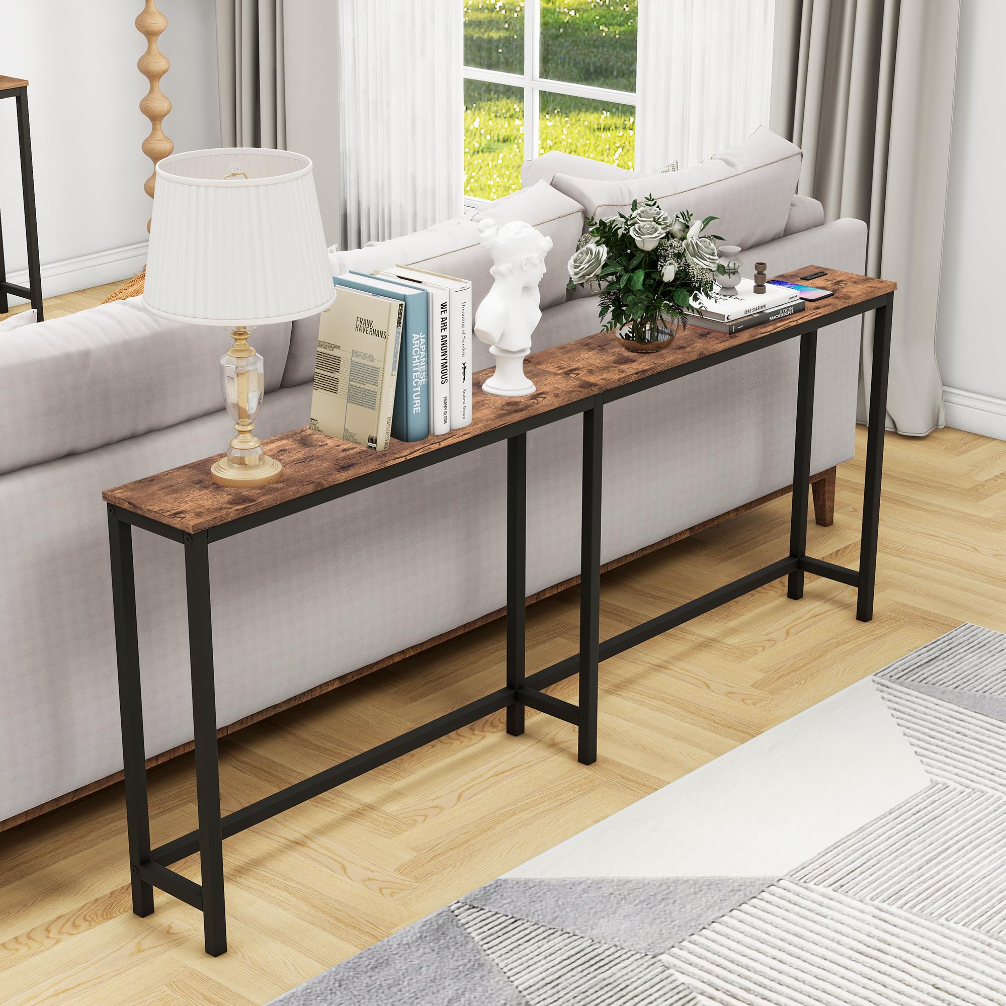 Mesa consola de 70.8 pulgadas con puertos USB, mesa de sofá con estación de carga, mesa de entrada estrecha, mesa de pasillo delgada, color marrón rústico 2