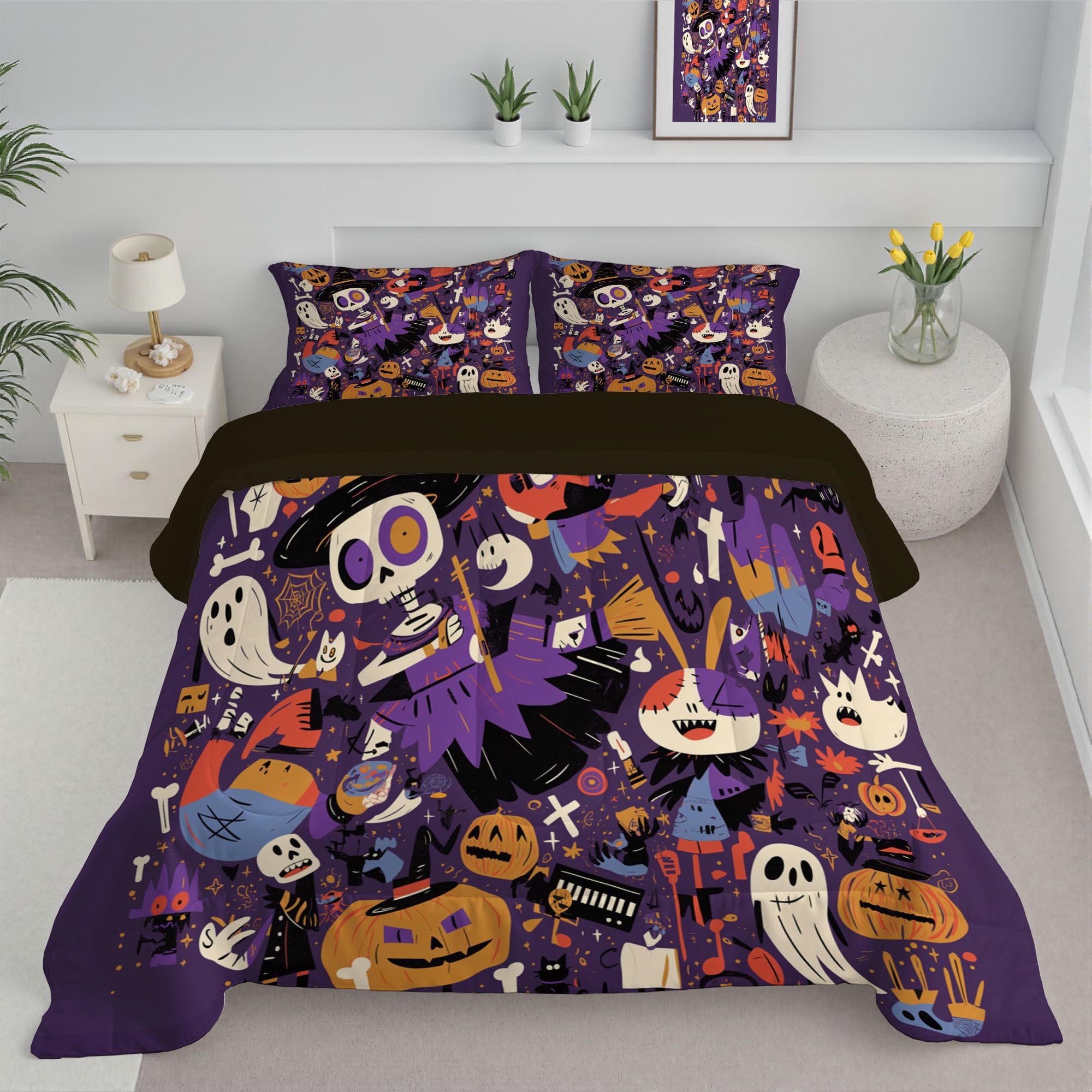 Couette 2 personnes lavable 4 saisons à motif crâne et citrouille violette