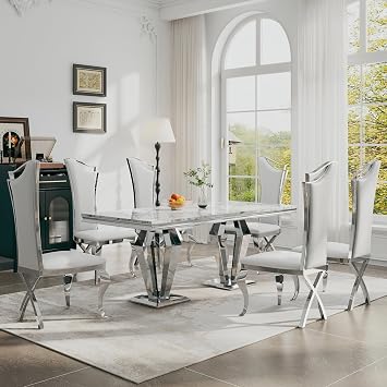 Luxury 7-Piece Dining Table Set - 70" Diamond-Shaped Faux Marble Table & 6 High Back PU Leather Chairs, Elegant White & Silver Design for Dining Room, Kitchen, or Conference