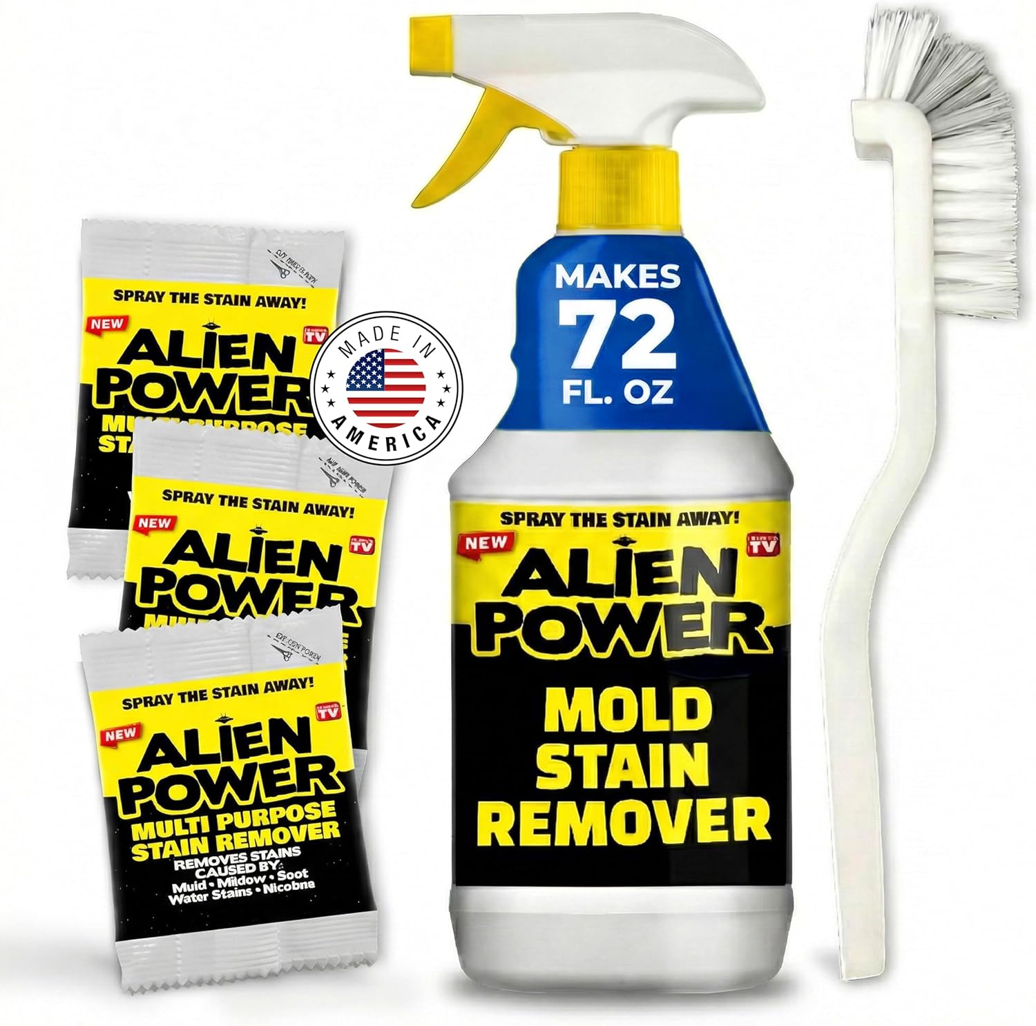 Alien Power 72 Fl Oz Instant Stain Remover Spray for Mold and Mildew and Grout, All Purpose No-Scrub Cleaner for Bathroom & Household Surfaces, Tiles, Wall, Black Mold & Washing Machines - 3 Pack Set