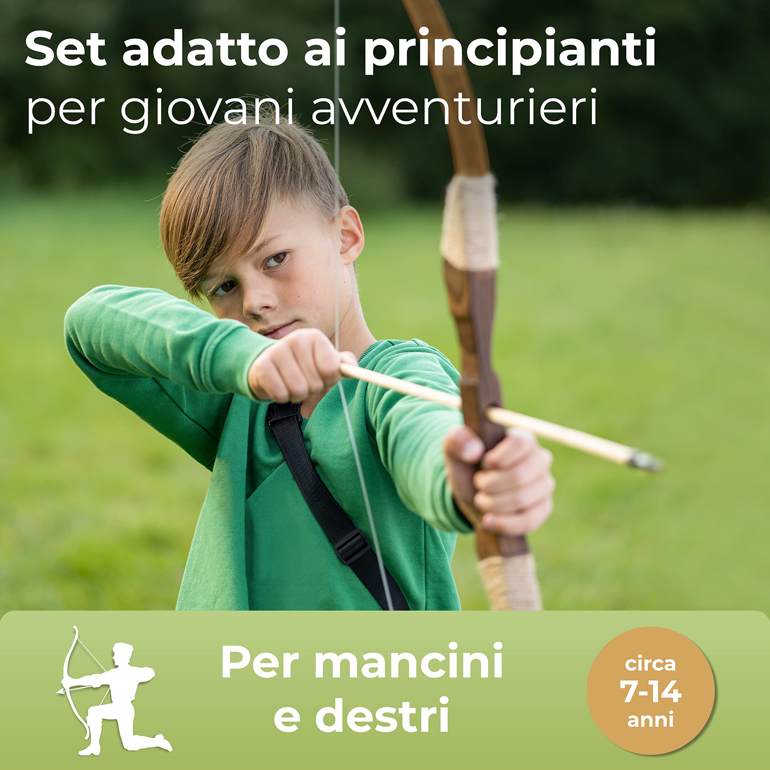 BOWRILLA® Arco e freccia per bambini, 10 frecce con punta in gomma, faretra e 3 bersaglio, set per bambini con custodia inclusa, arco per bambini adatto per destrimani e mancini