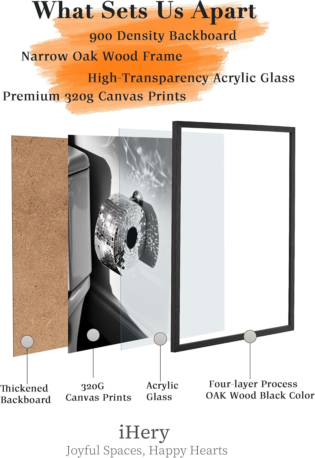 iHery 16x20in Black Natural OAK Wood Disco Ball Toilet Paper Framed Wall Art, Trendy Funny Bathroom Decor, Modern Black and White Canvas Wall Art For Bedroom Living Room 1Pack