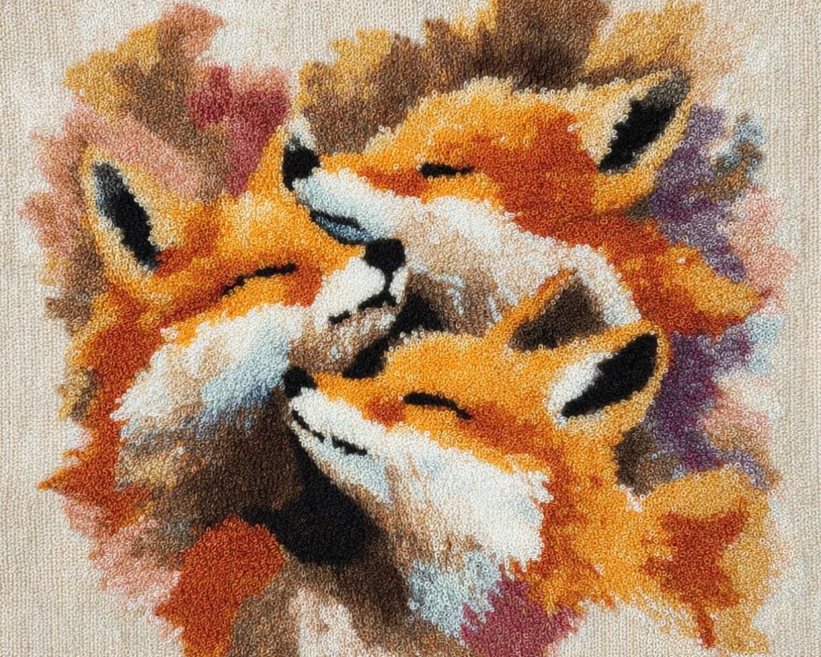 Wallphantom Latch Hook Rug Kits,A Family of Foxes,DIY Crochet Rug Making Kit for Adults Kids,3D Cross Stitch Carpet Embroidery Needlework Crocheting for Home Decor,60x90cm