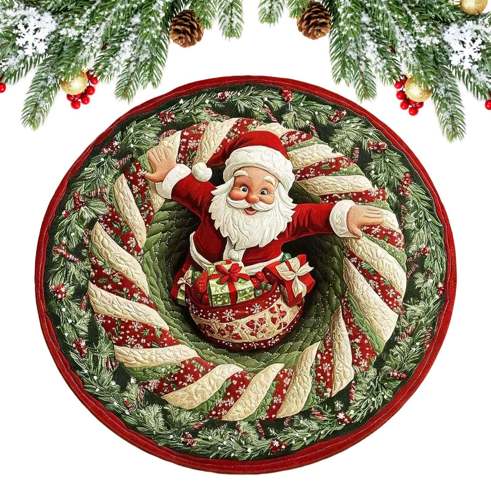 Tapis Rond De Noël en Illusion 3D Tapis Père Noël Anti-Dérapant 3D