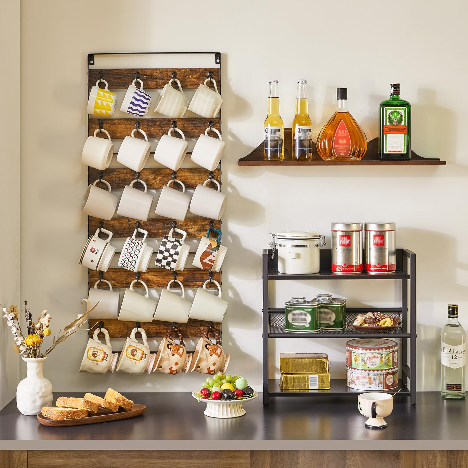 IBUYKE Porta Tazzine da Parete,Set da 3,con 24 Ganci,Marrone TBJ005H-3 | Supporto per tazza da Caffè Porta Bicchieri da Appendere Organizer per Tazze per Cucina Sala da Pranzo Bar