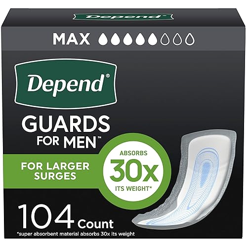 Almohadillas de Depend Guards para Incontinencia para Hombres, Absorción Máxima, 104 Unidades (2 Paquetes de 52), Envase Puede Variar