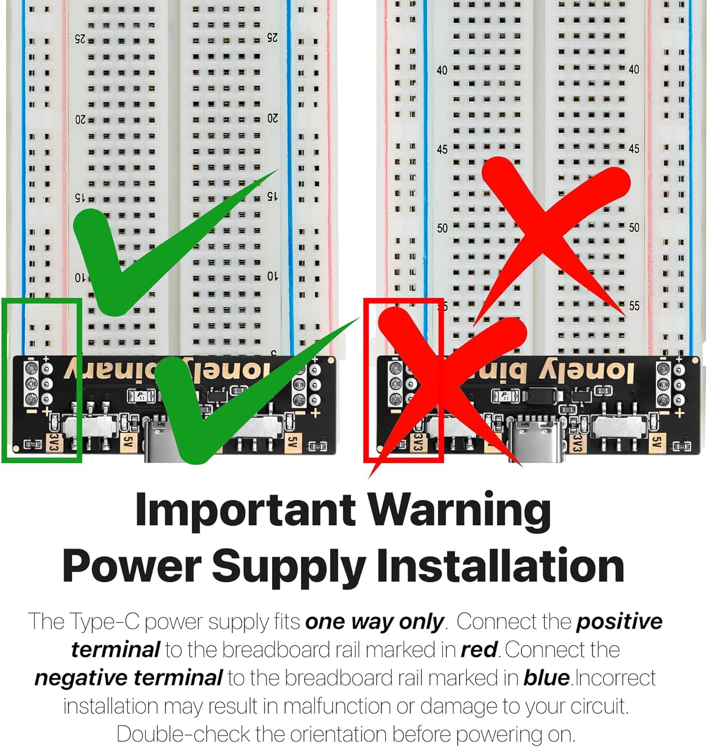 Lonely Binary Solderless Breadboard Power Supply Kit - 2X 830 Tie Points + 2X 400 Tie Points Boards, 4X USB-C Power Modules (3.3V/5V Switchable, 500mA Protection) for ESP32 STEM DIY Prototyping