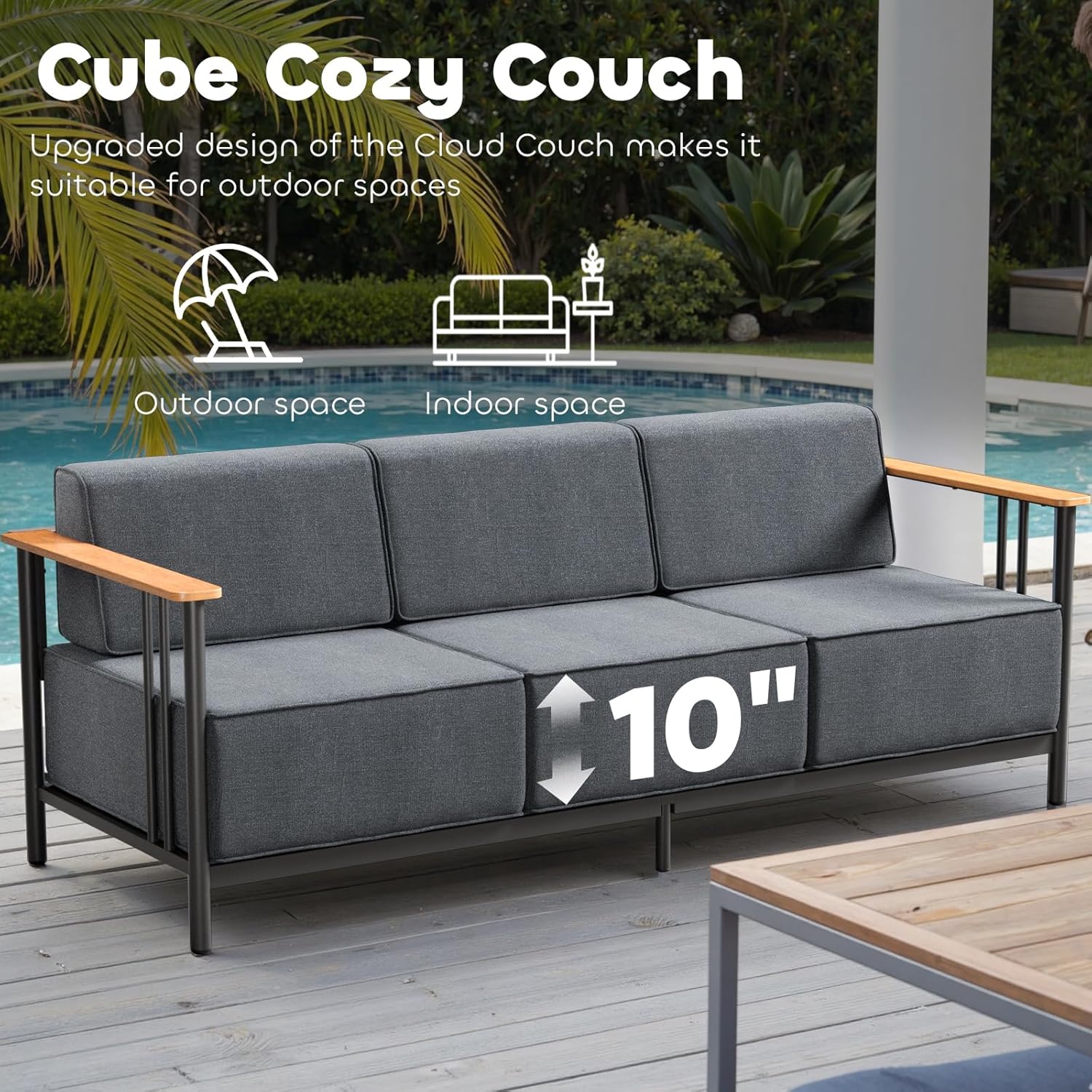 Luxury Patio Furniture Set with 10" Extra Thick Cushions, 6 PCS Outdoor Furniture Set with Patio Chairs & Couch & Coffee Table, Suitable for Porch, Balcony, Deck, Yard, Poolside, Black/Grey