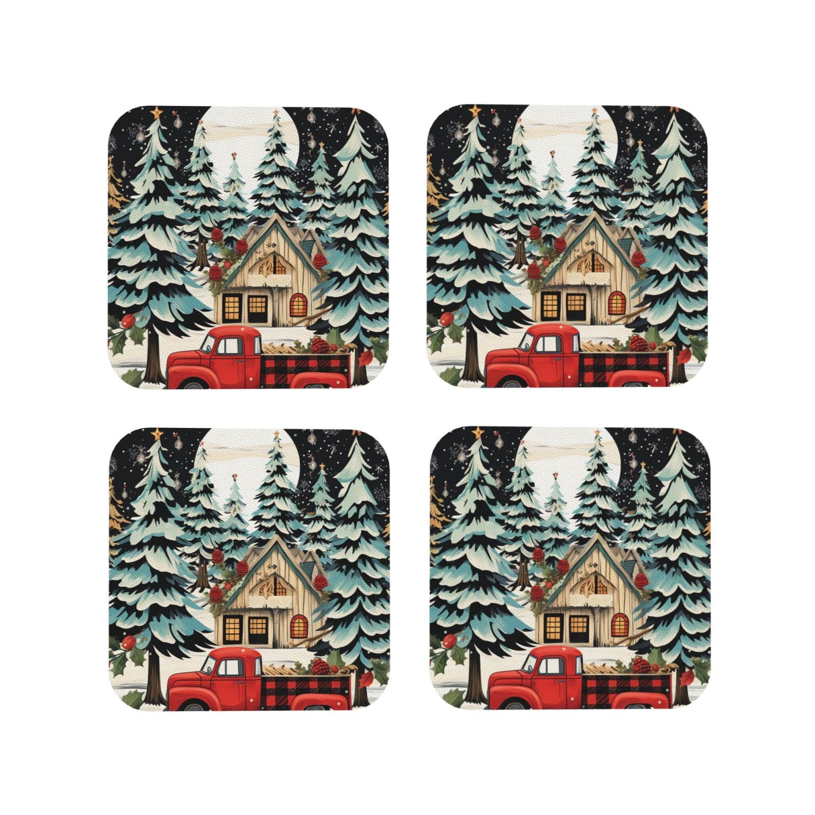 4pcs Drink Coasters for Tabletop Protection, 4" Leather Coasters for Drinks, Farmhouse Christmas Cup Coasters for Coffee Table Decor, Non-Slip Drinking Cup Mat for Hot Or Cold Drink
